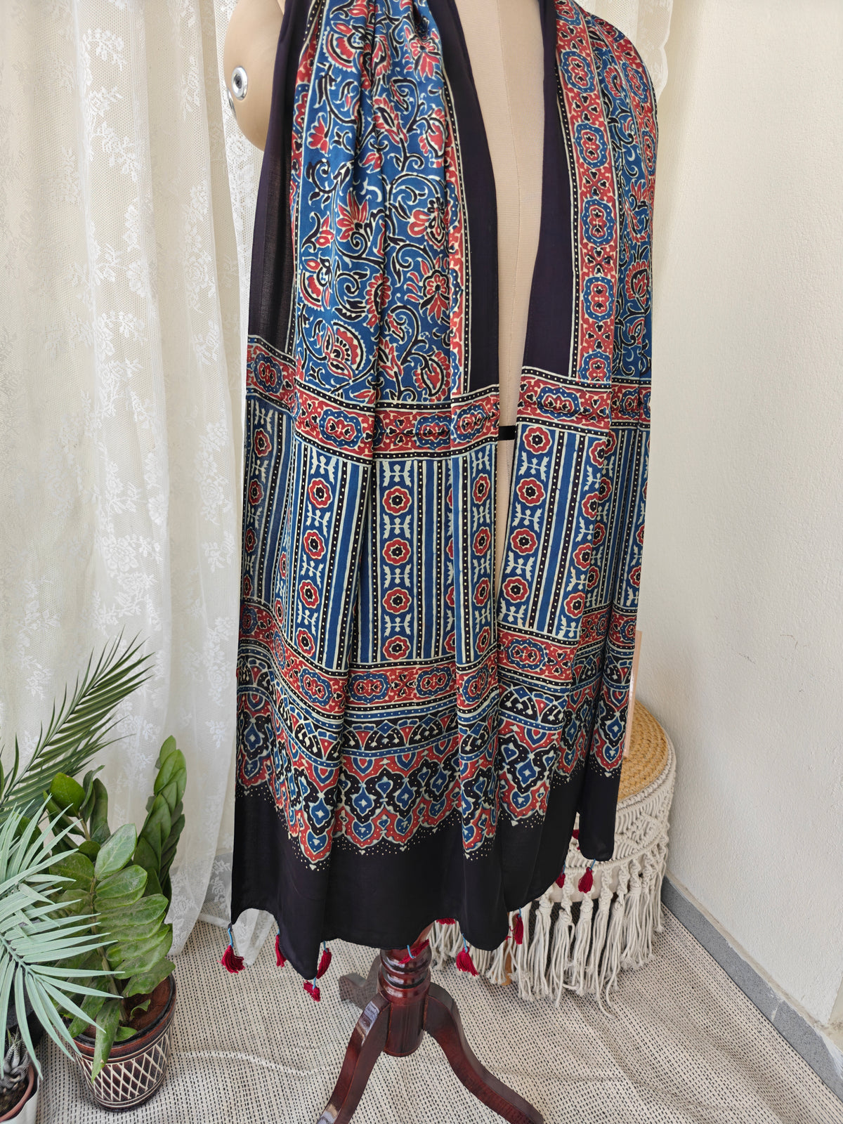 Indigo Handblock Printed Modal Ajrakh Stole