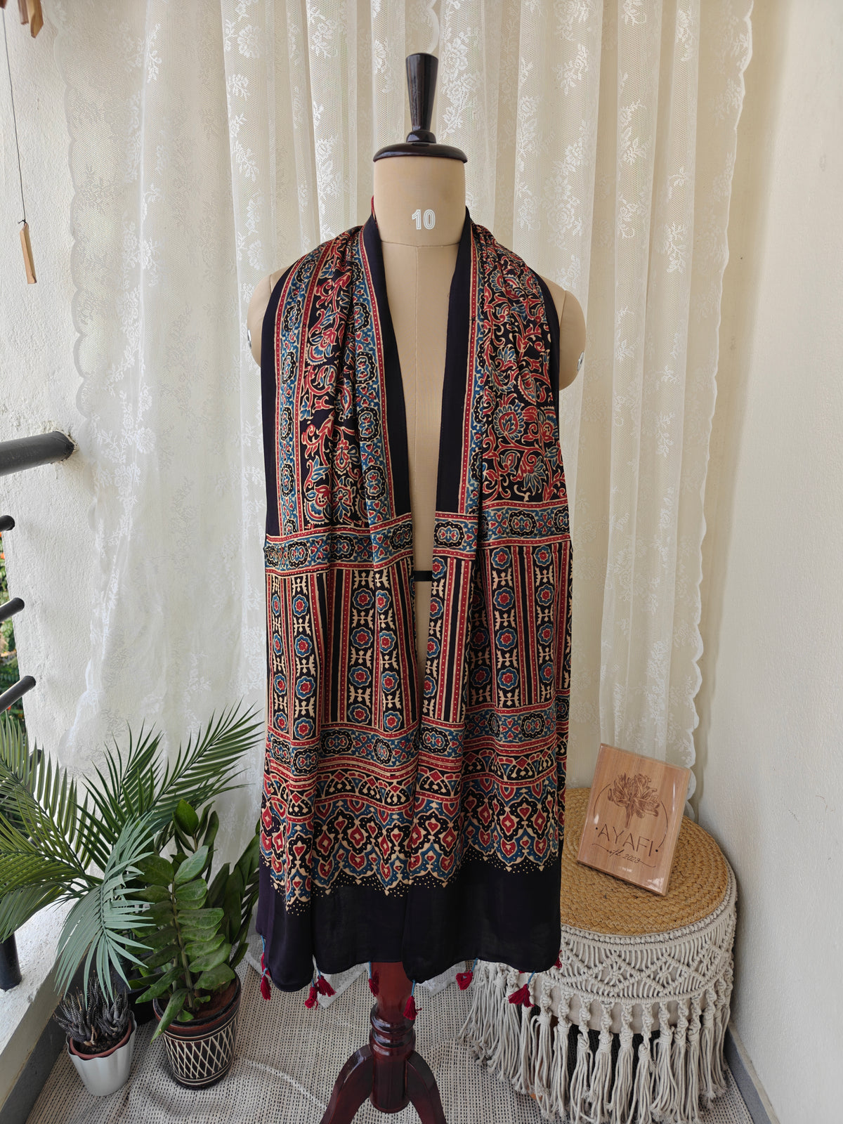 Black Handblock Printed Modal Ajrakh Stole