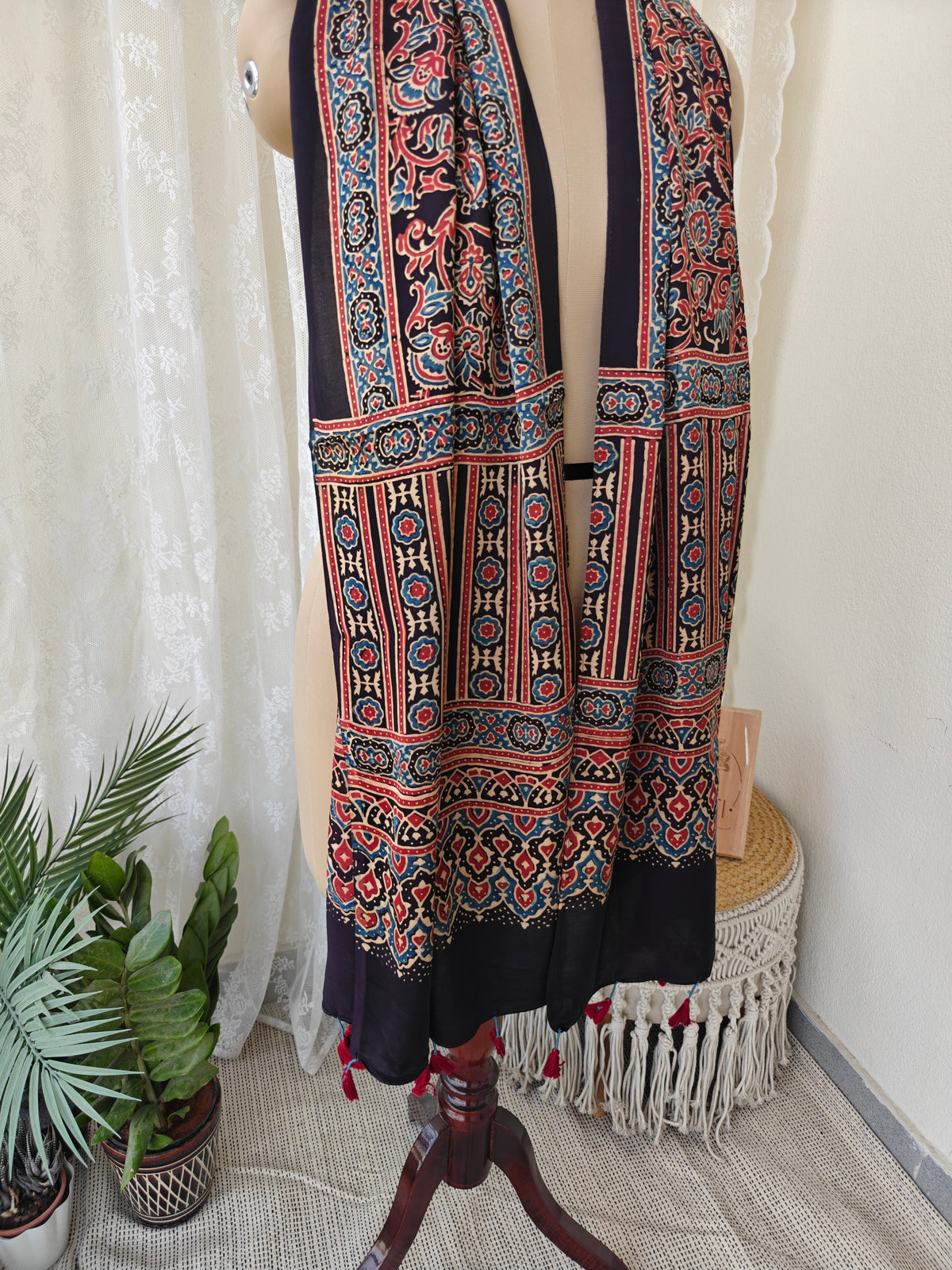Black Handblock Printed Modal Ajrakh Stole