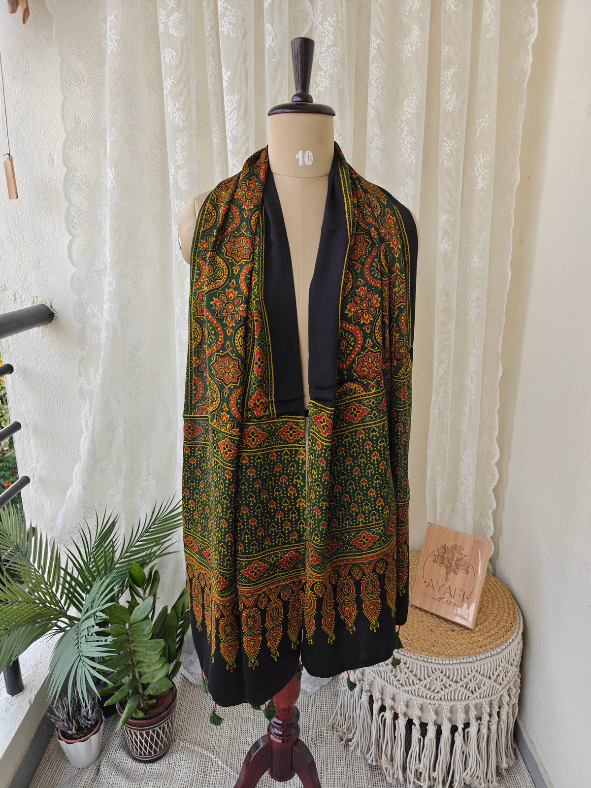 Green Handblock Printed Modal Ajrakh Stole