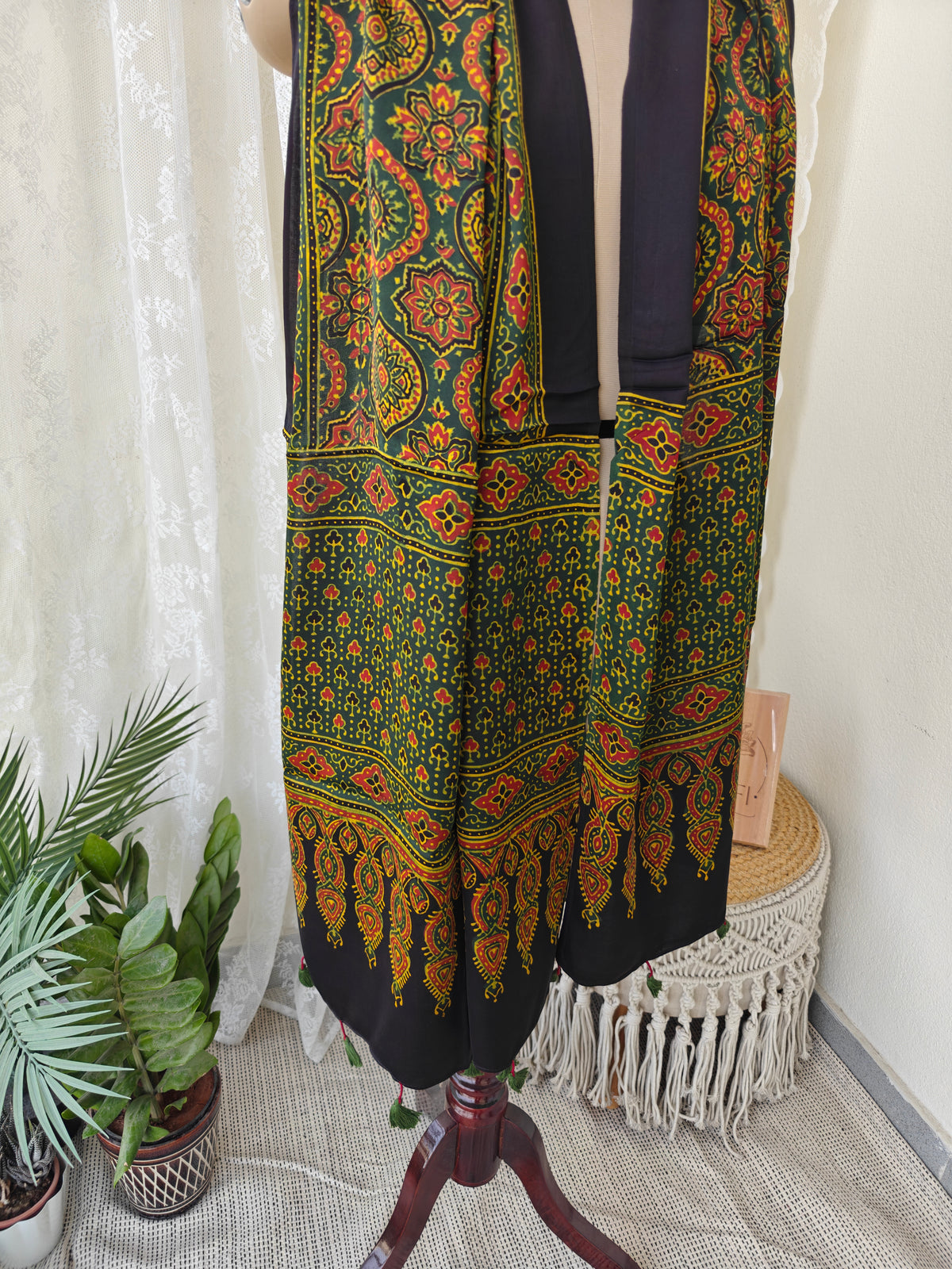 Green Handblock Printed Modal Ajrakh Stole