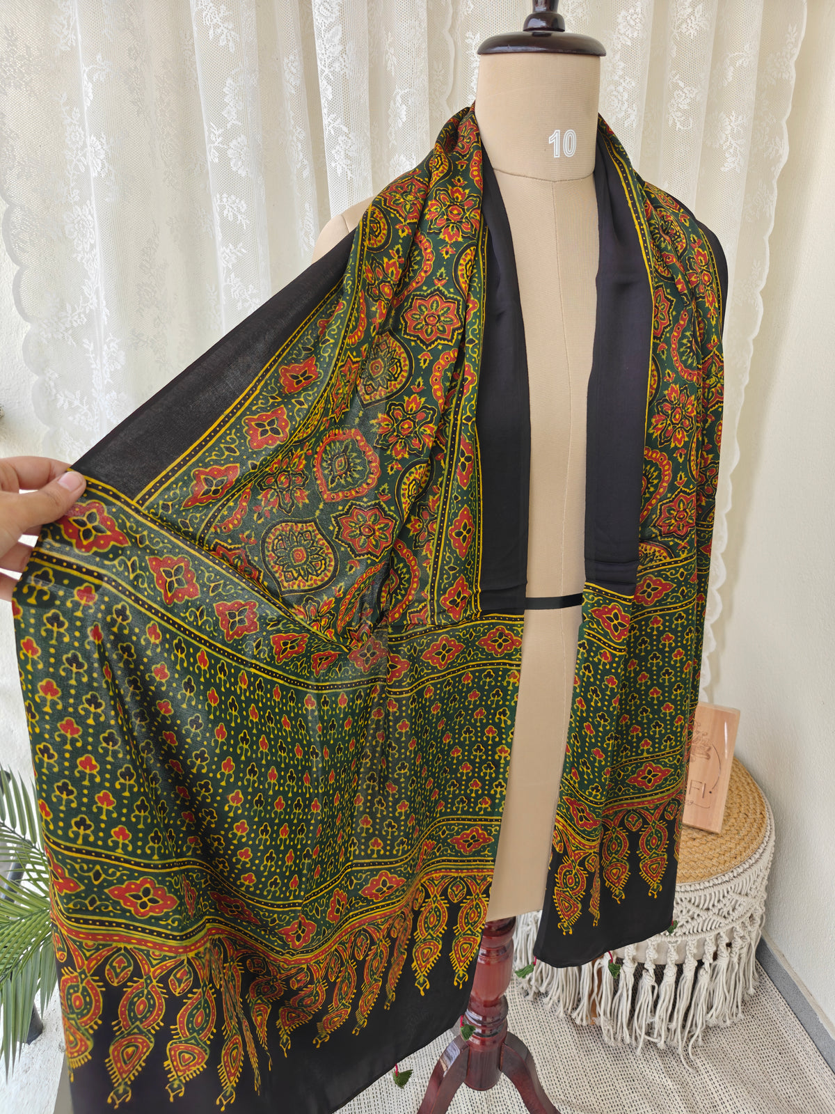 Green Handblock Printed Modal Ajrakh Stole