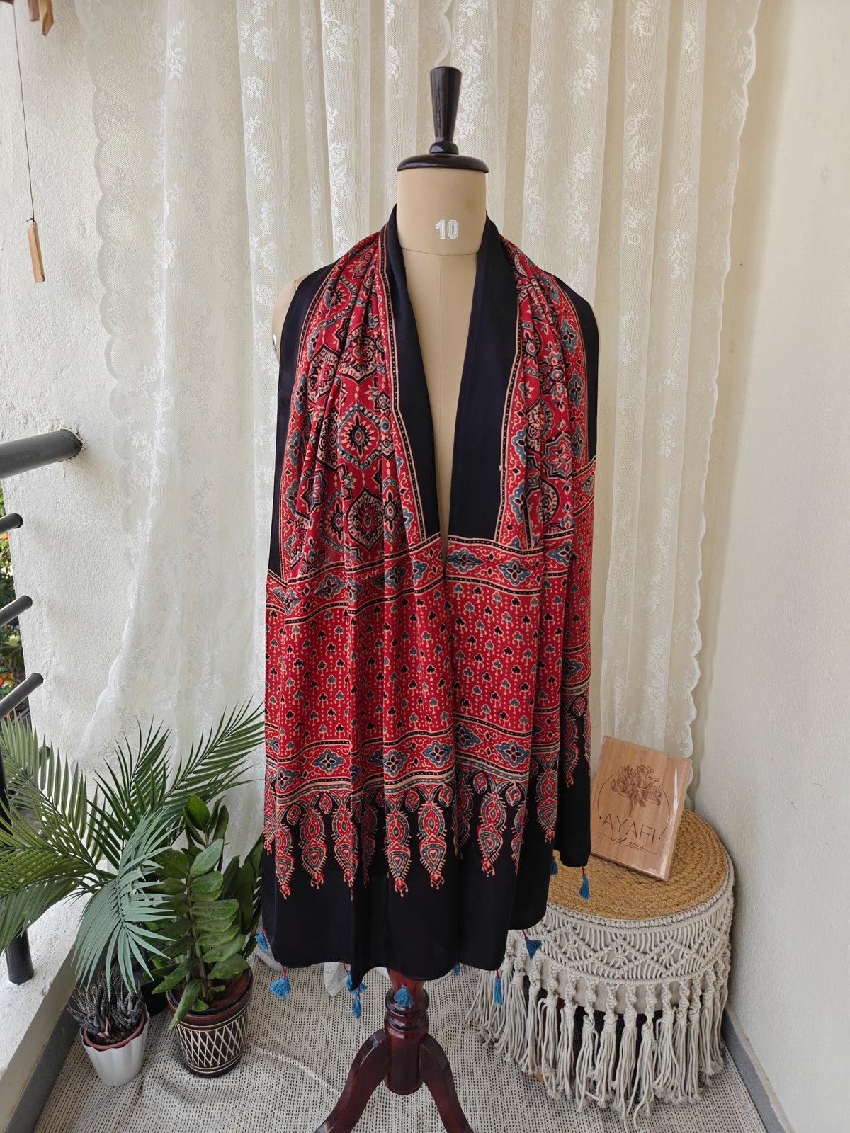 Red Handblock Printed Modal Ajrakh Stole