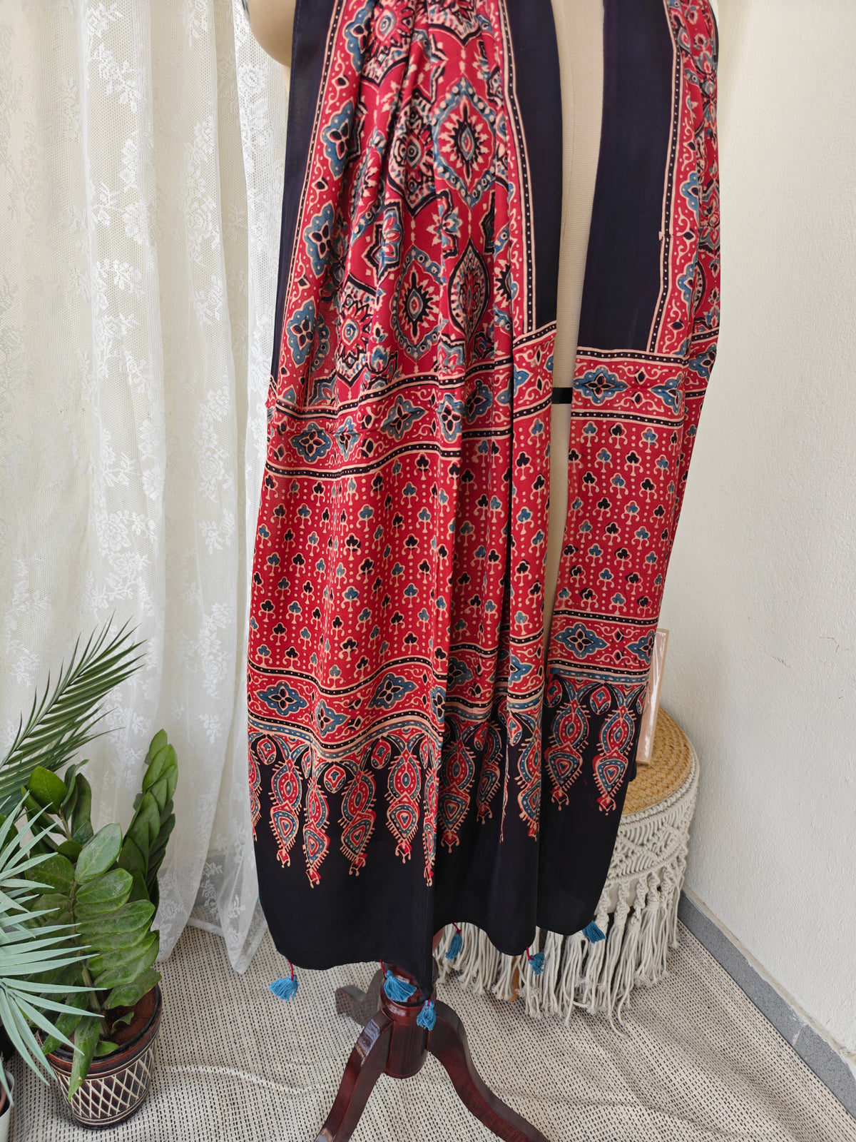 Red Handblock Printed Modal Ajrakh Stole