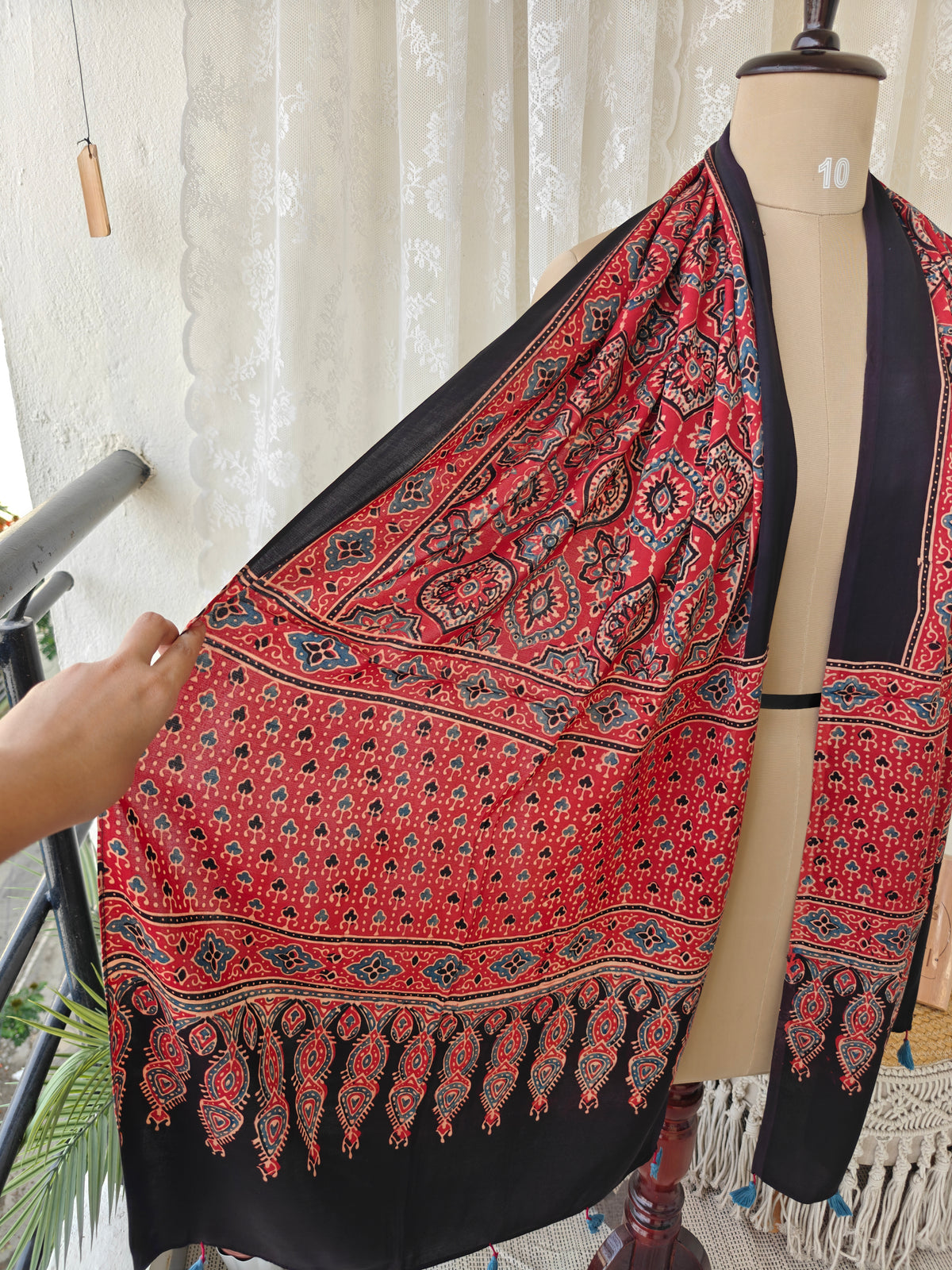 Red Handblock Printed Modal Ajrakh Stole