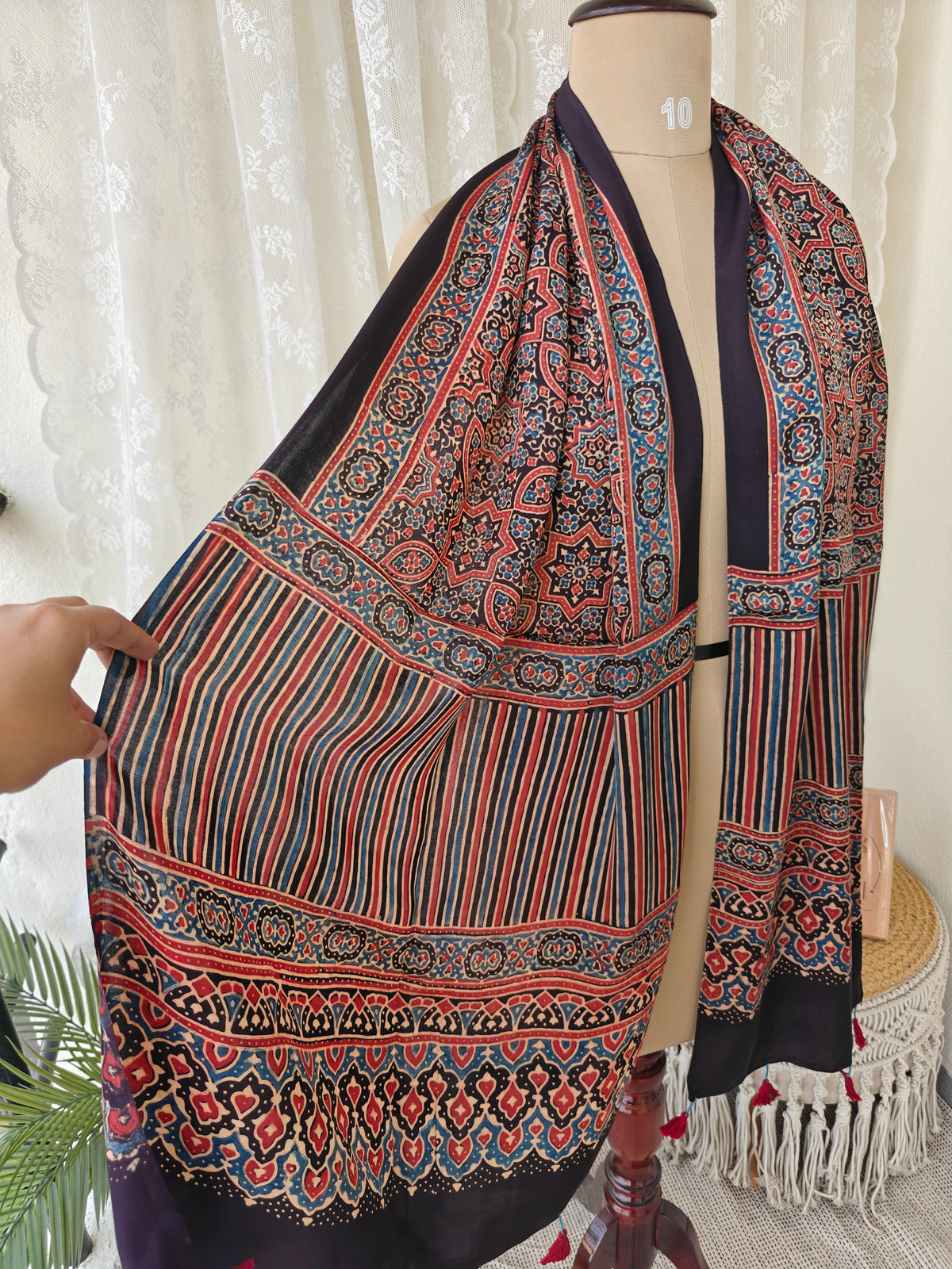 Black Handblock Printed Modal Ajrakh Stole