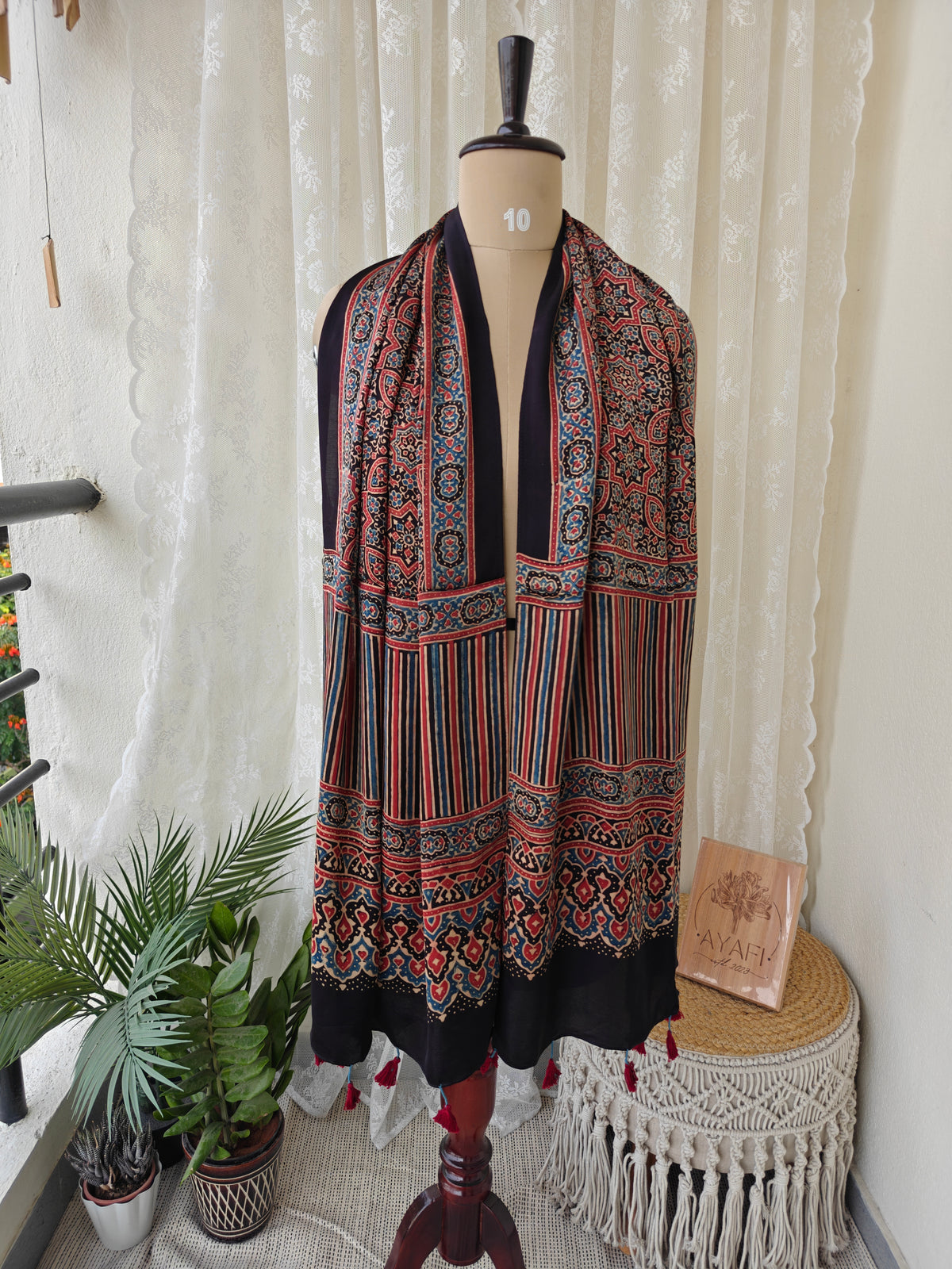 Black Handblock Printed Modal Ajrakh Stole