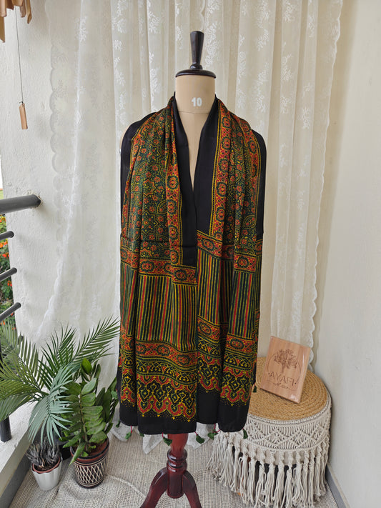 Green Handblock Printed Modal Ajrakh Stole