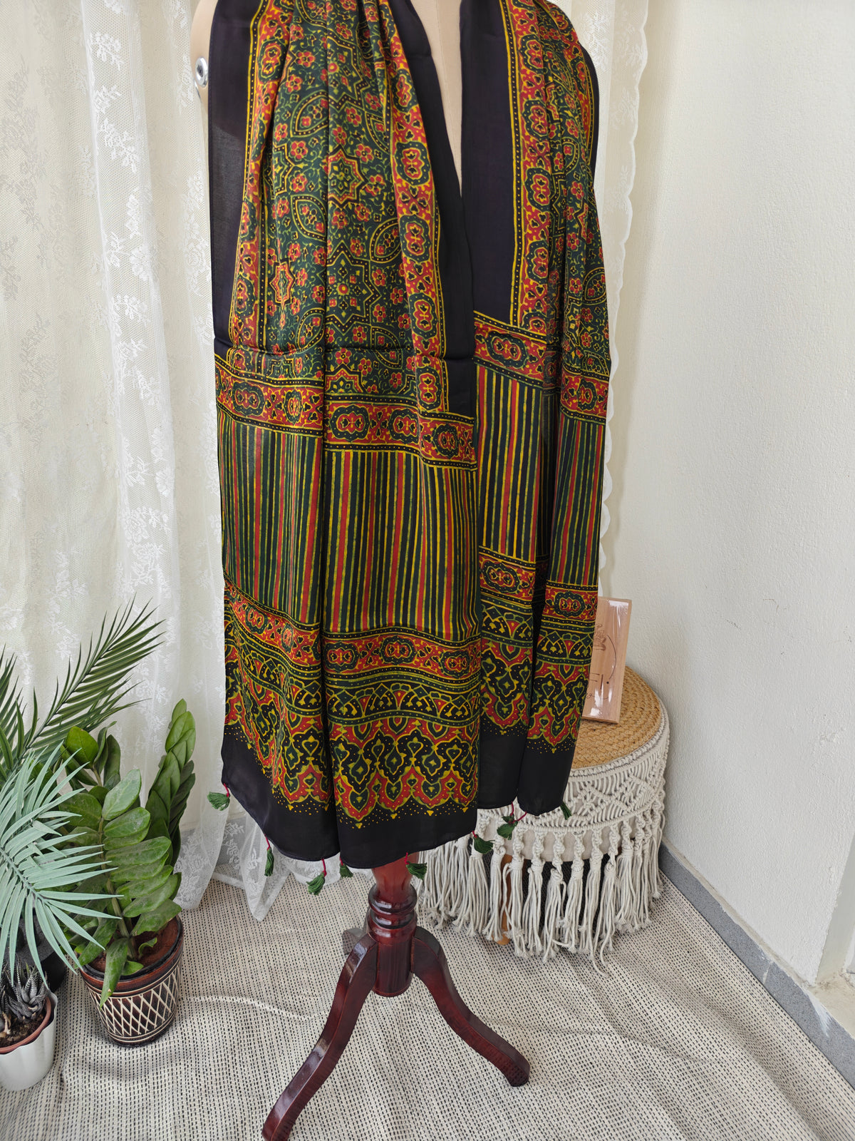 Green Handblock Printed Modal Ajrakh Stole