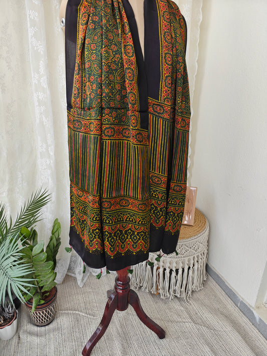 Green Handblock Printed Modal Ajrakh Stole