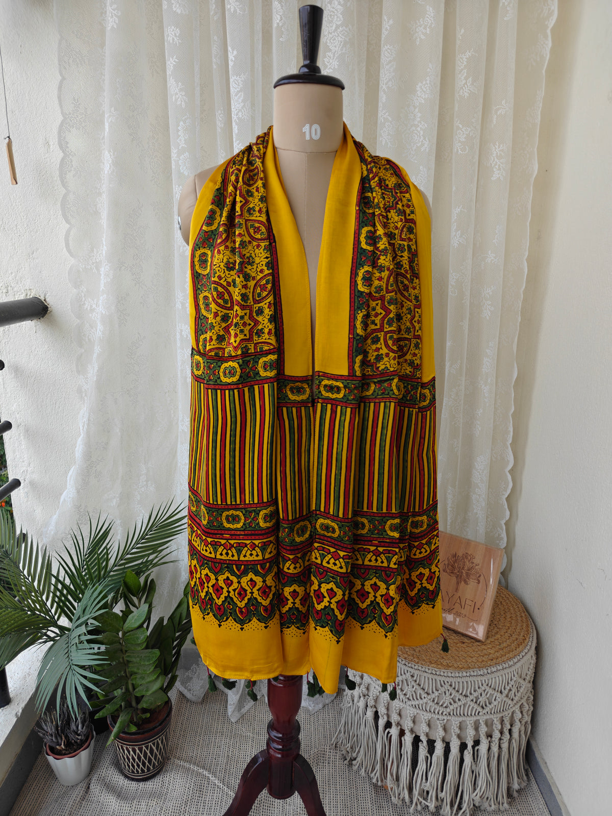 Yellow Handblock Printed Modal Ajrakh Stole