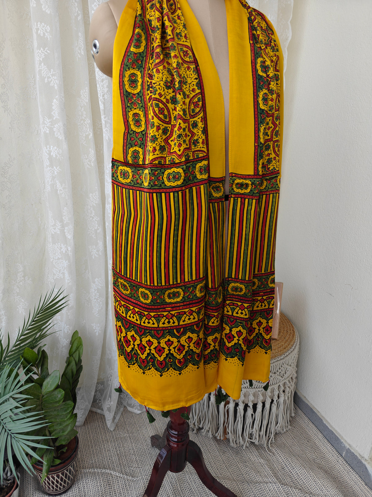 Yellow Handblock Printed Modal Ajrakh Stole