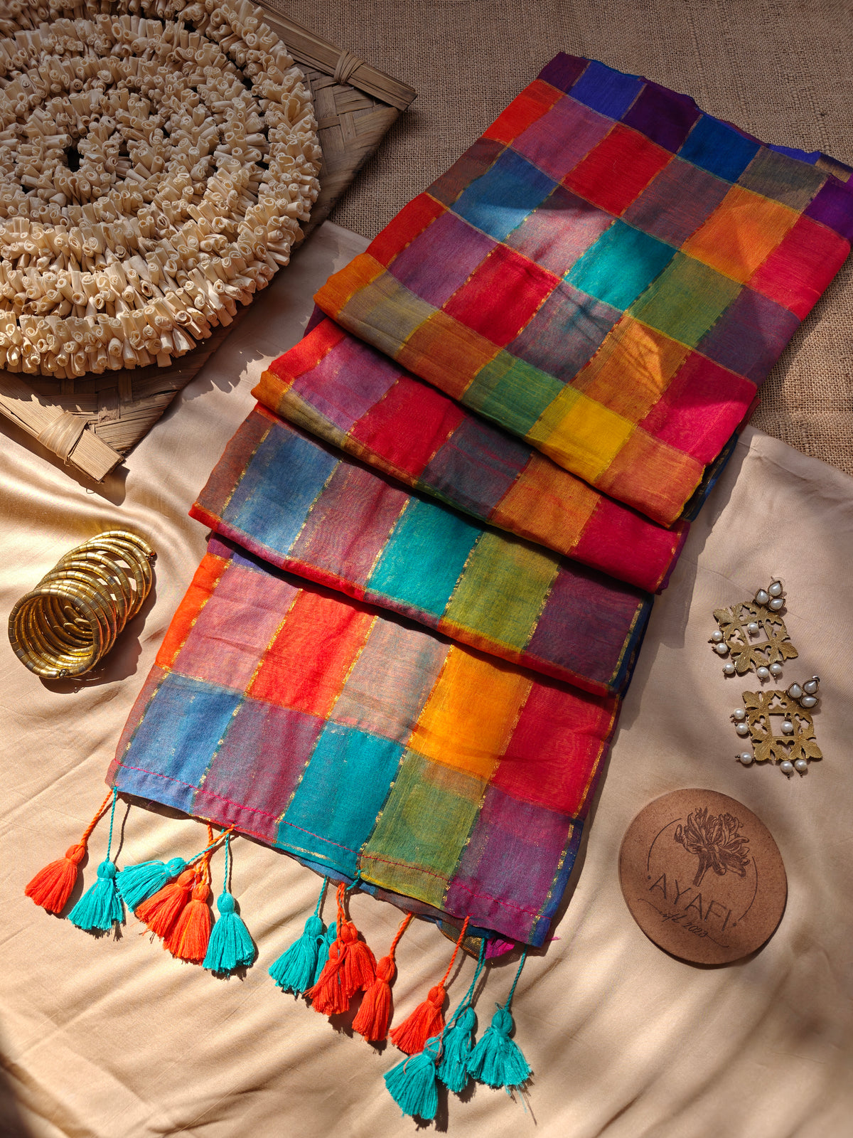 Multicolored Gold Zari Checked Mul Saree