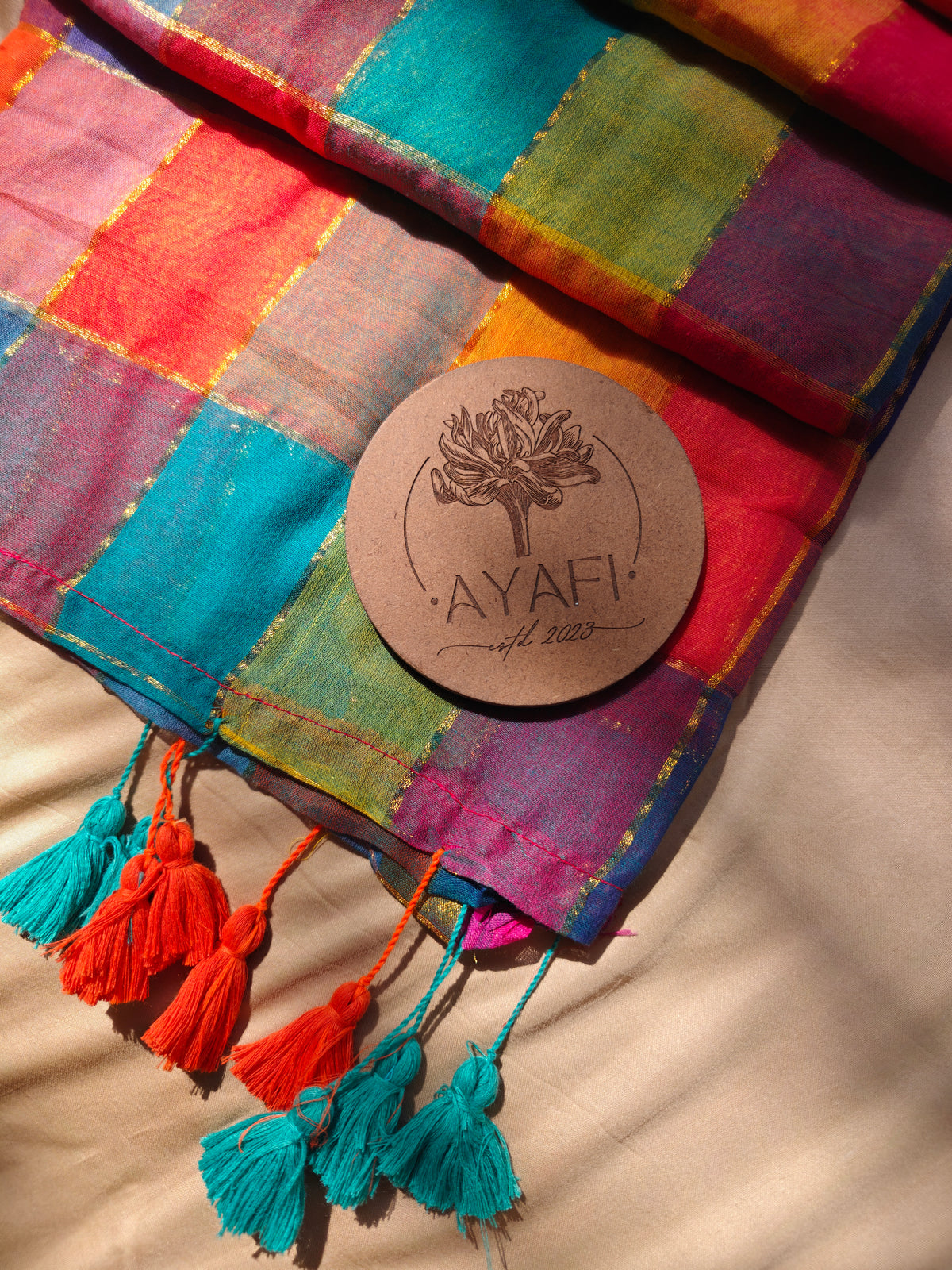 Multicolored Gold Zari Checked Mul Saree