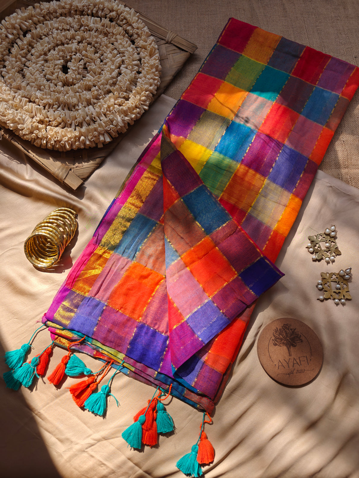 Multicolored Gold Zari Checked Mul Saree