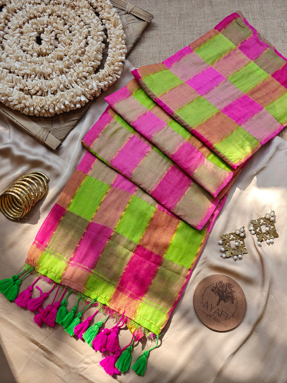 Green- Pink Multicolored Gold Zari Checked Mul Saree