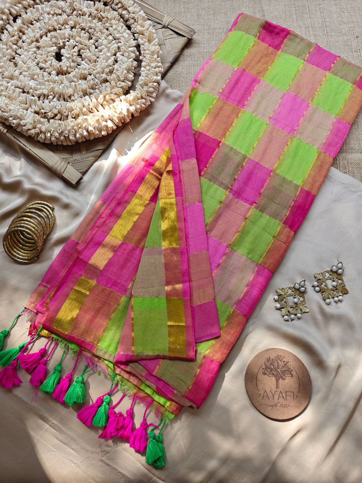 Green- Pink Multicolored Gold Zari Checked Mul Saree
