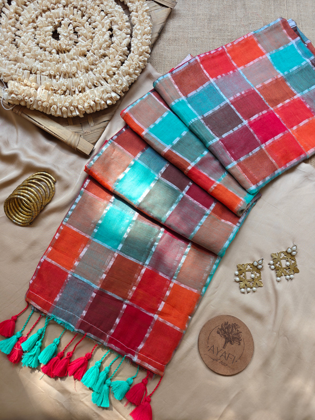 Multicolored Gold Zari Checked Mul Saree