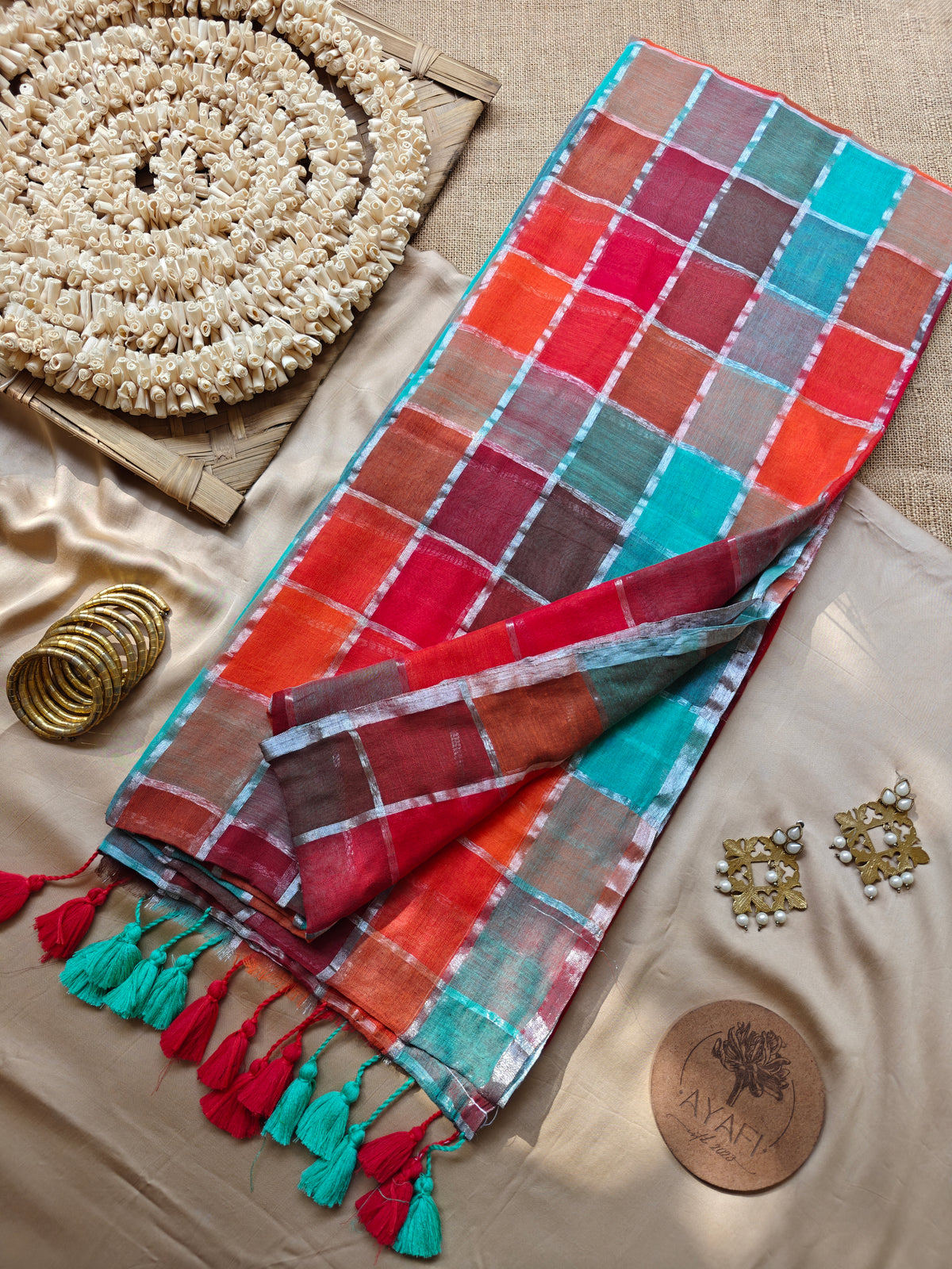 Multicolored Gold Zari Checked Mul Saree