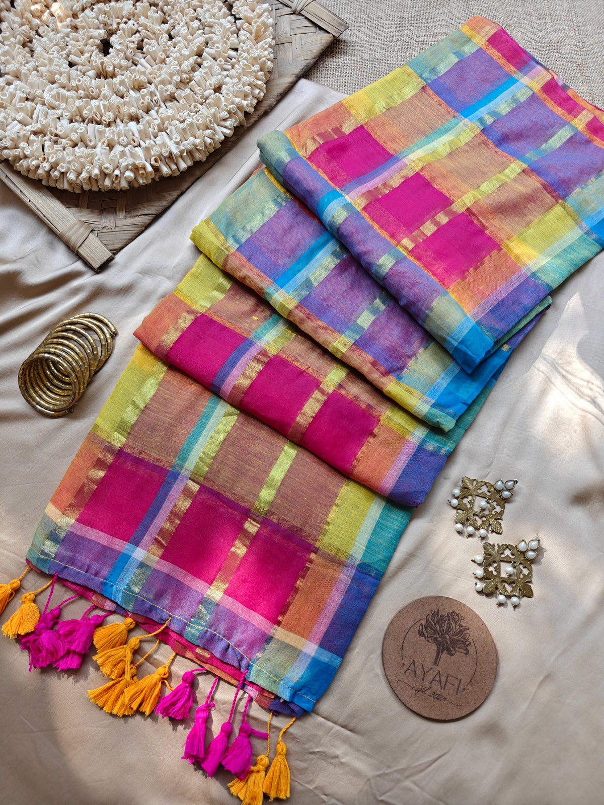 Multicolored Gold Zari Checked Mul Saree