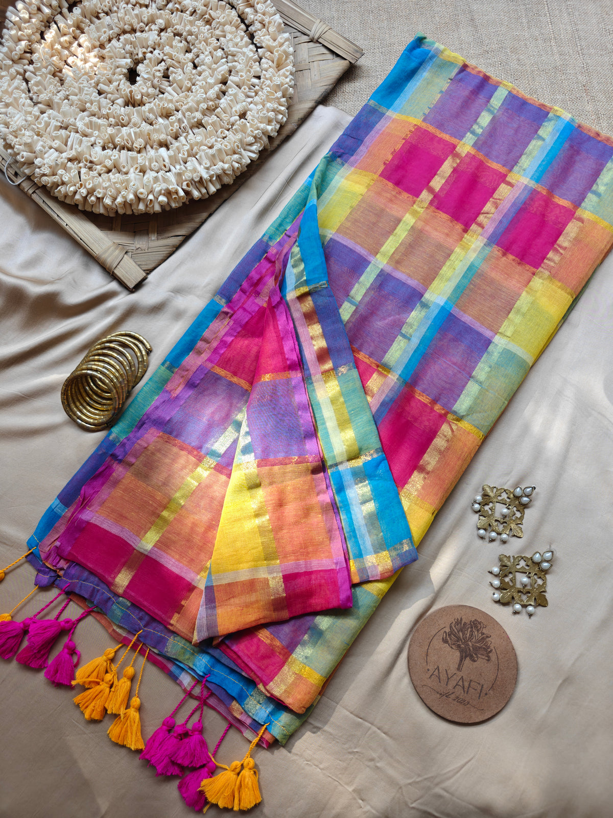 Multicolored Gold Zari Checked Mul Saree