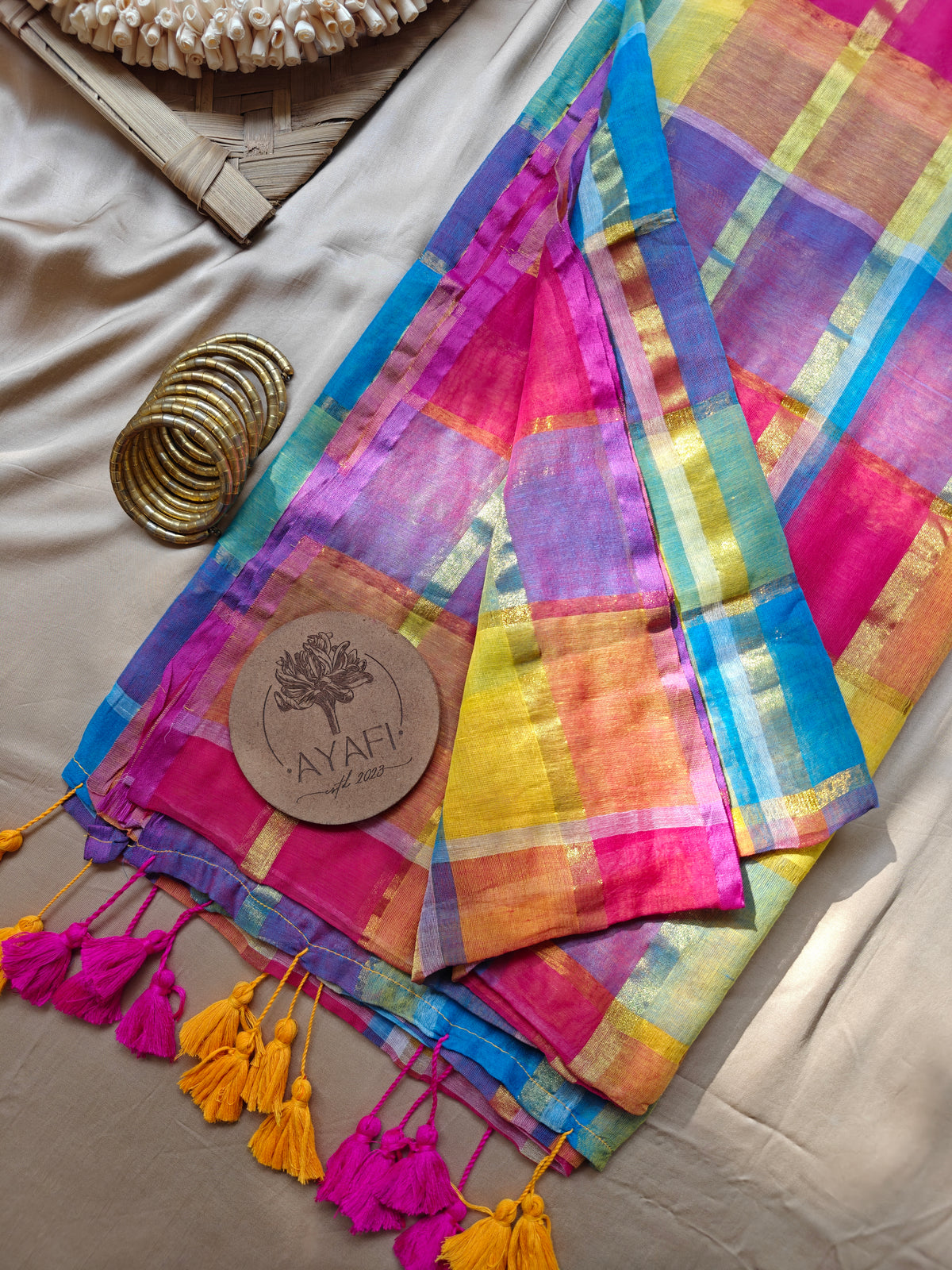 Multicolored Gold Zari Checked Mul Saree