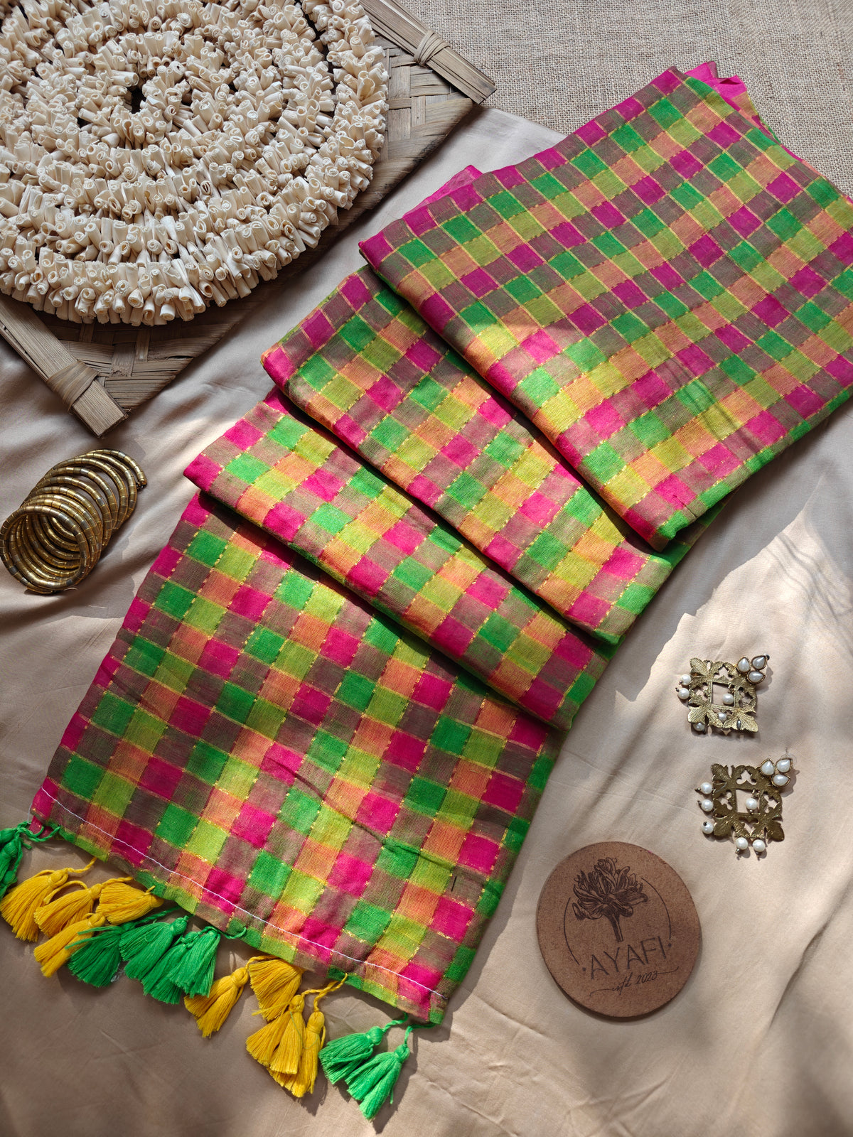 Multicolored Gold Zari Checked Mul Saree