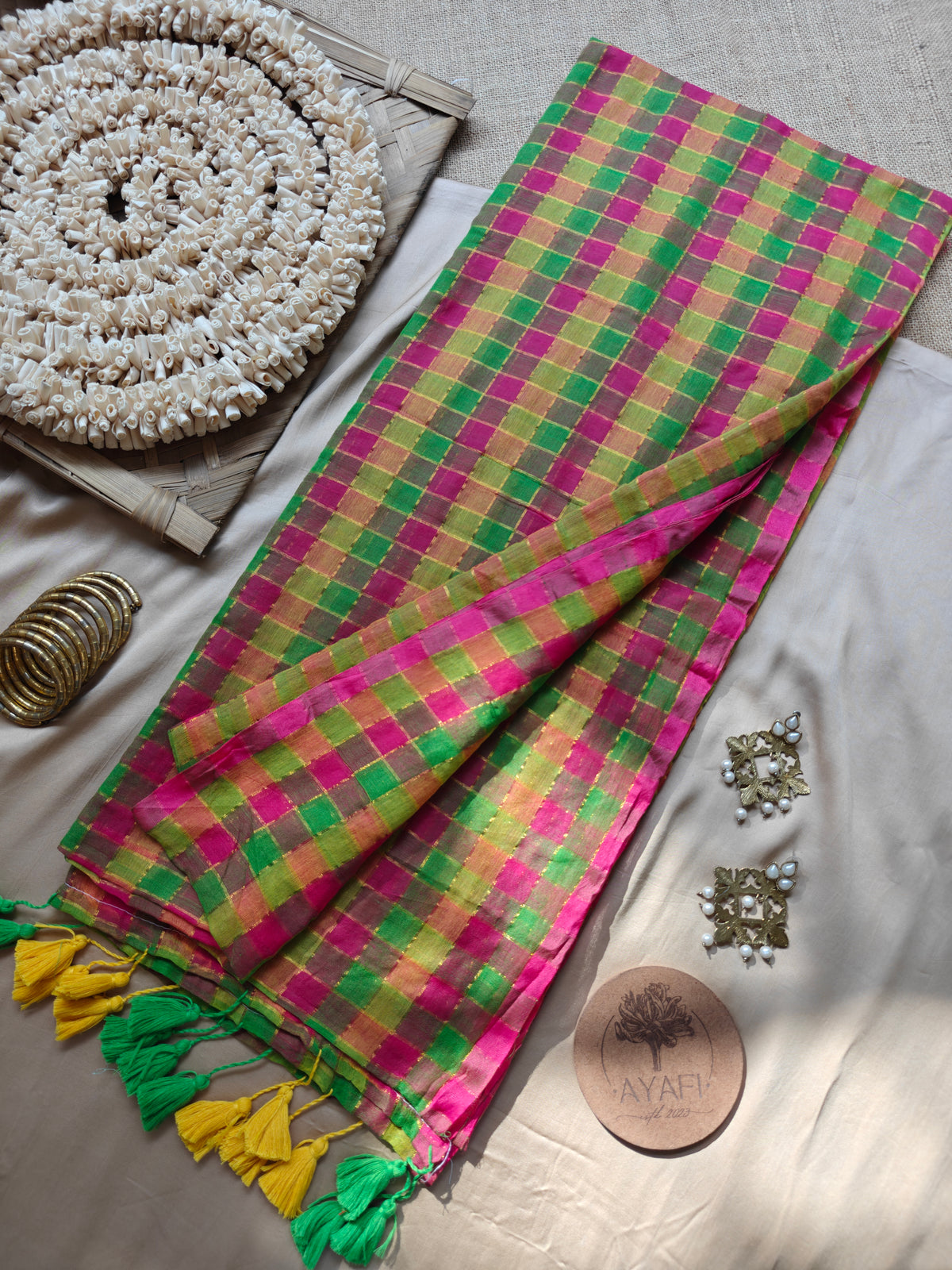 Multicolored Gold Zari Checked Mul Saree