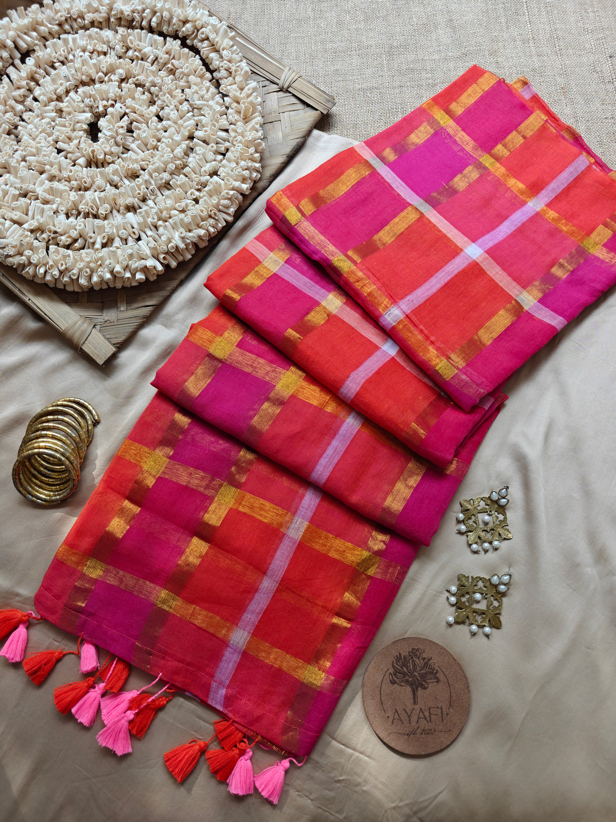 Pink-Orange Gold Zari Checked Multicolor Mul Saree