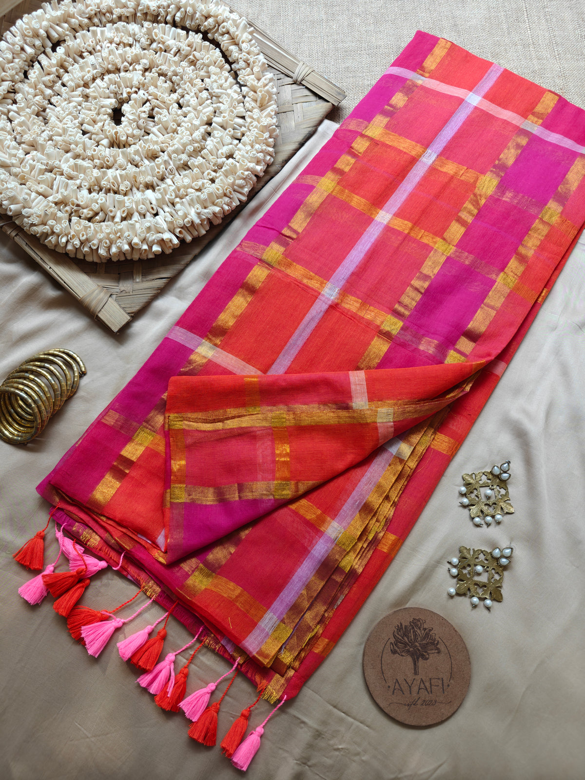 Pink-Orange Gold Zari Checked Multicolor Mul Saree