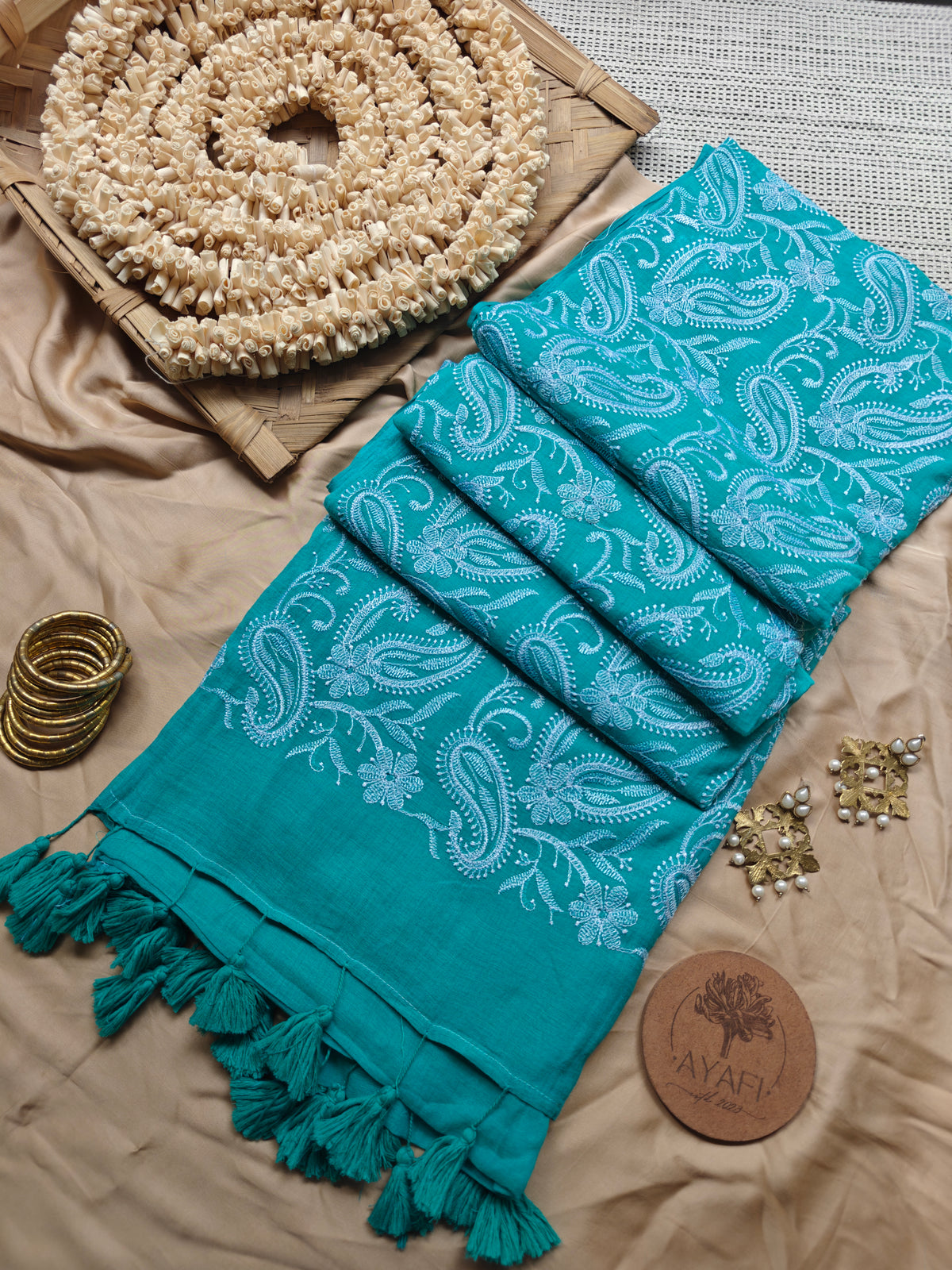 Cyan Paisley Embroidery Mul Cotton Saree