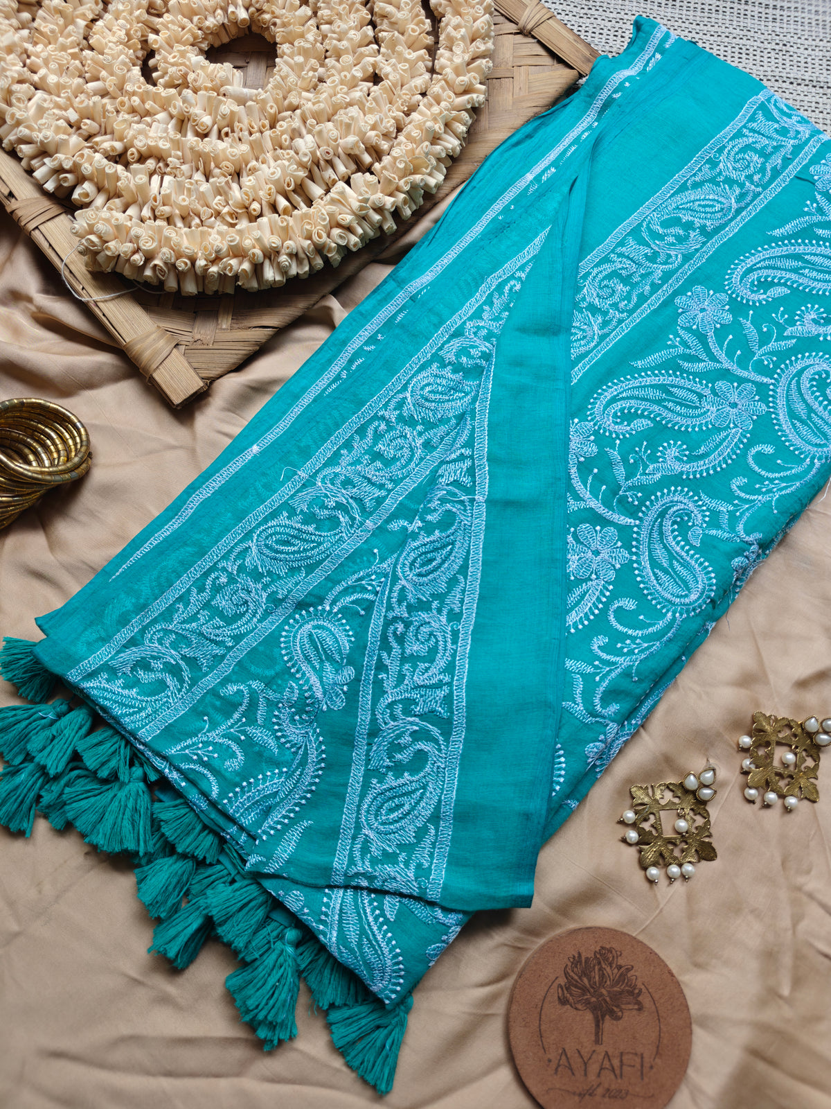 Cyan Paisley Embroidery Mul Cotton Saree