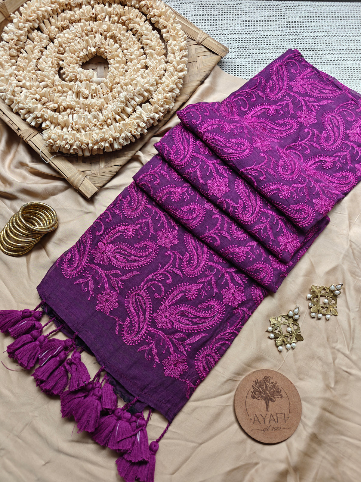 Grape Paisley Embroidery Mul Cotton Saree