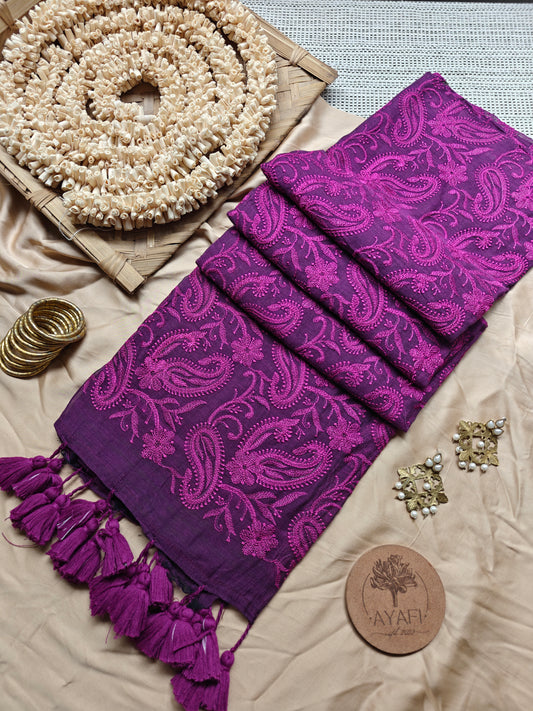 Grape Paisley Embroidery Mul Cotton Saree