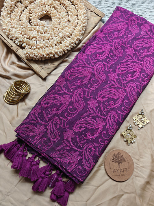 Grape Paisley Embroidery Mul Cotton Saree