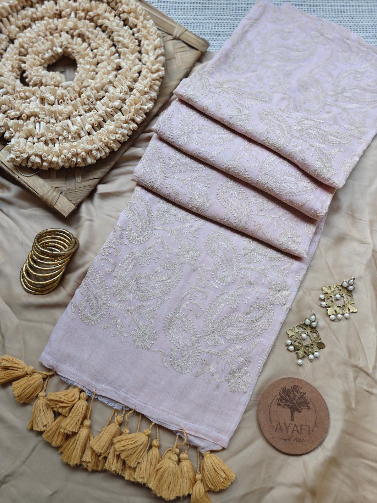 Butter Cream Paisley Embroidery Mul Cotton Saree