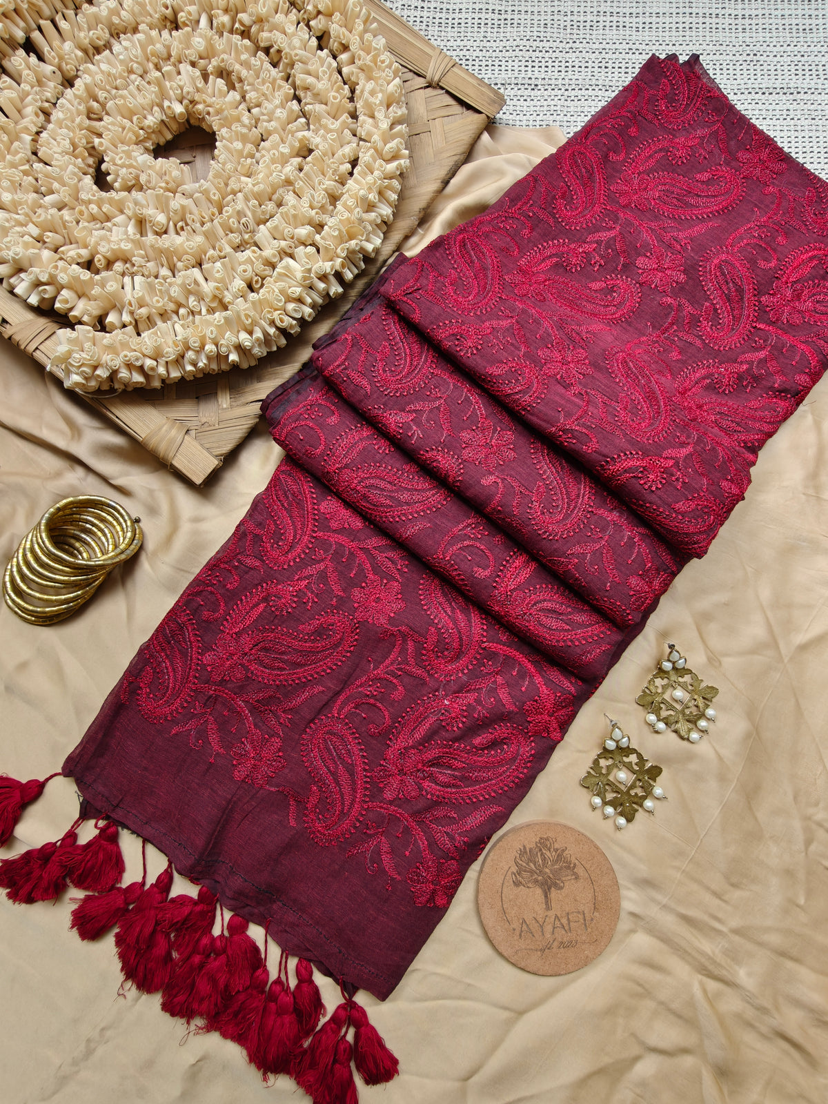 Burgundy Paisley Embroidery Mul Cotton Saree