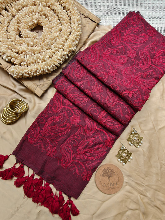 Burgundy Paisley Embroidery Mul Cotton Saree