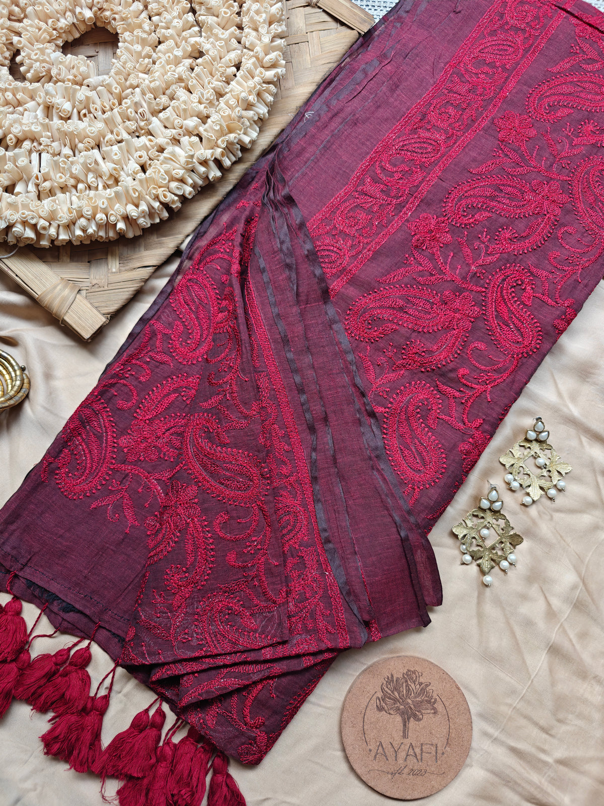 Burgundy Paisley Embroidery Mul Cotton Saree