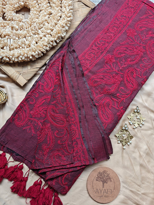 Burgundy Paisley Embroidery Mul Cotton Saree