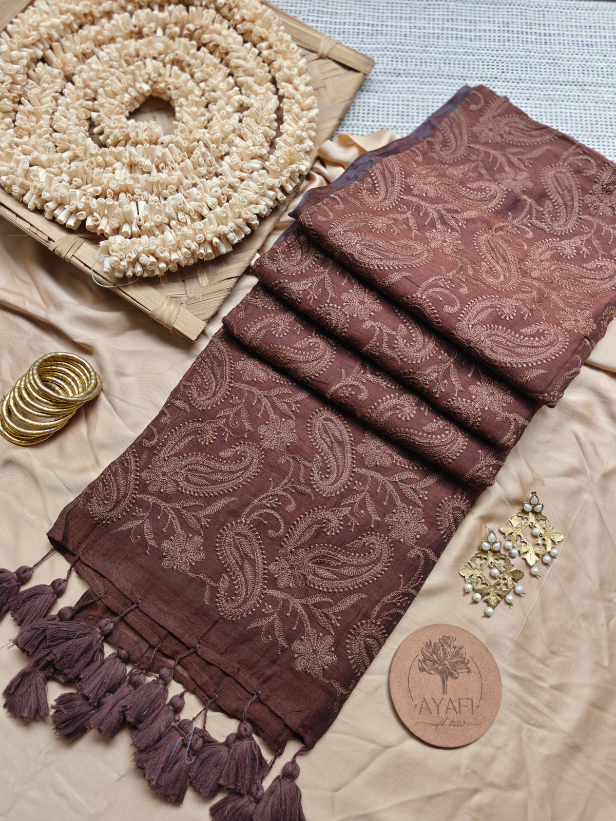 Chocolate Paisley Embroidery Mul Cotton Saree