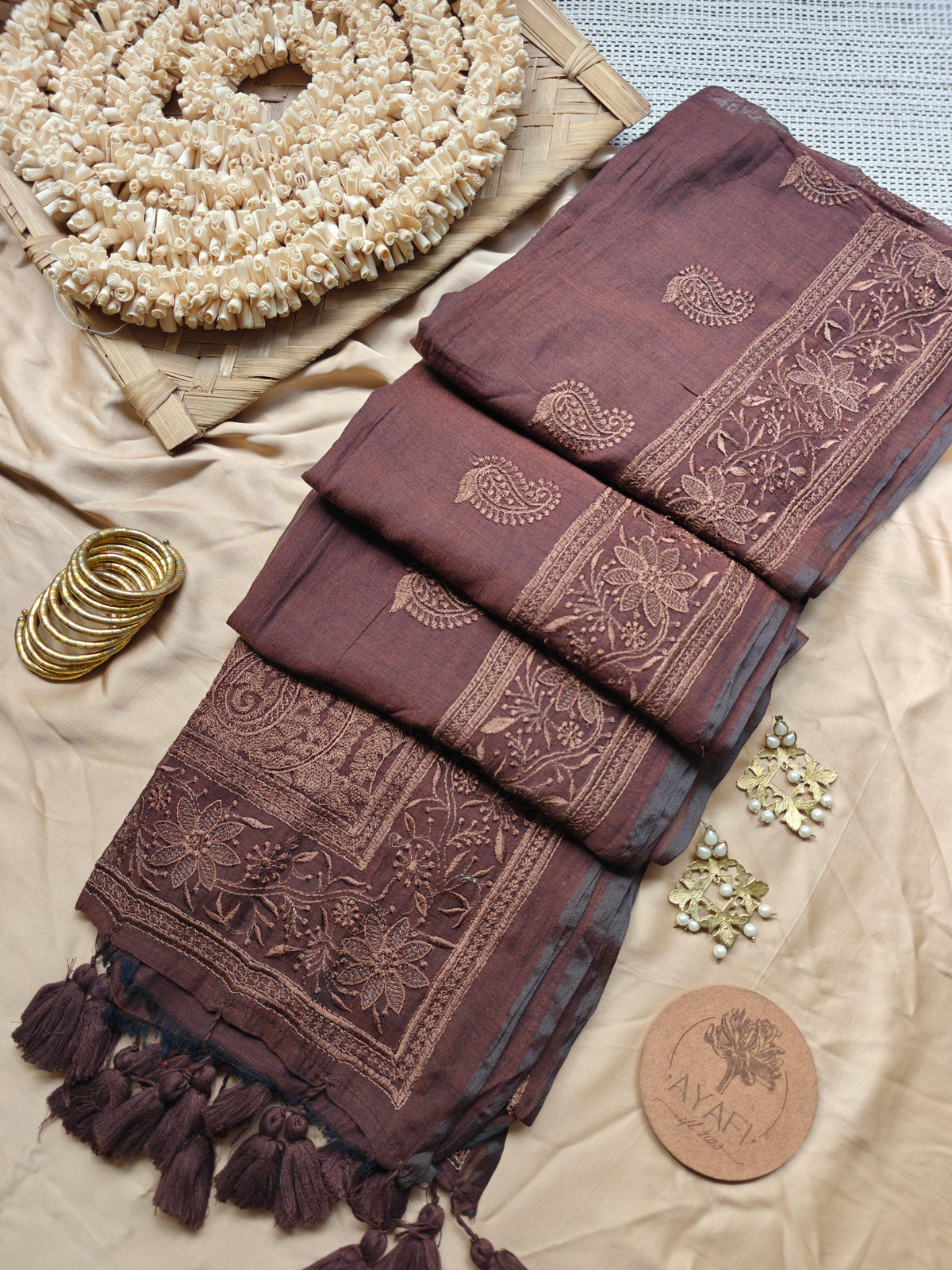 Chocolate Paisley Embroidery Mul Cotton Saree