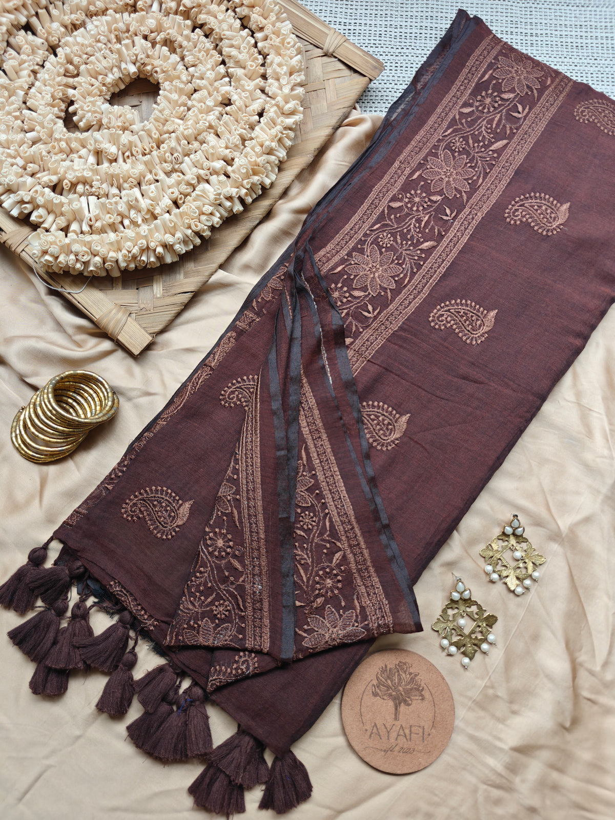 Chocolate Paisley Embroidery Mul Cotton Saree