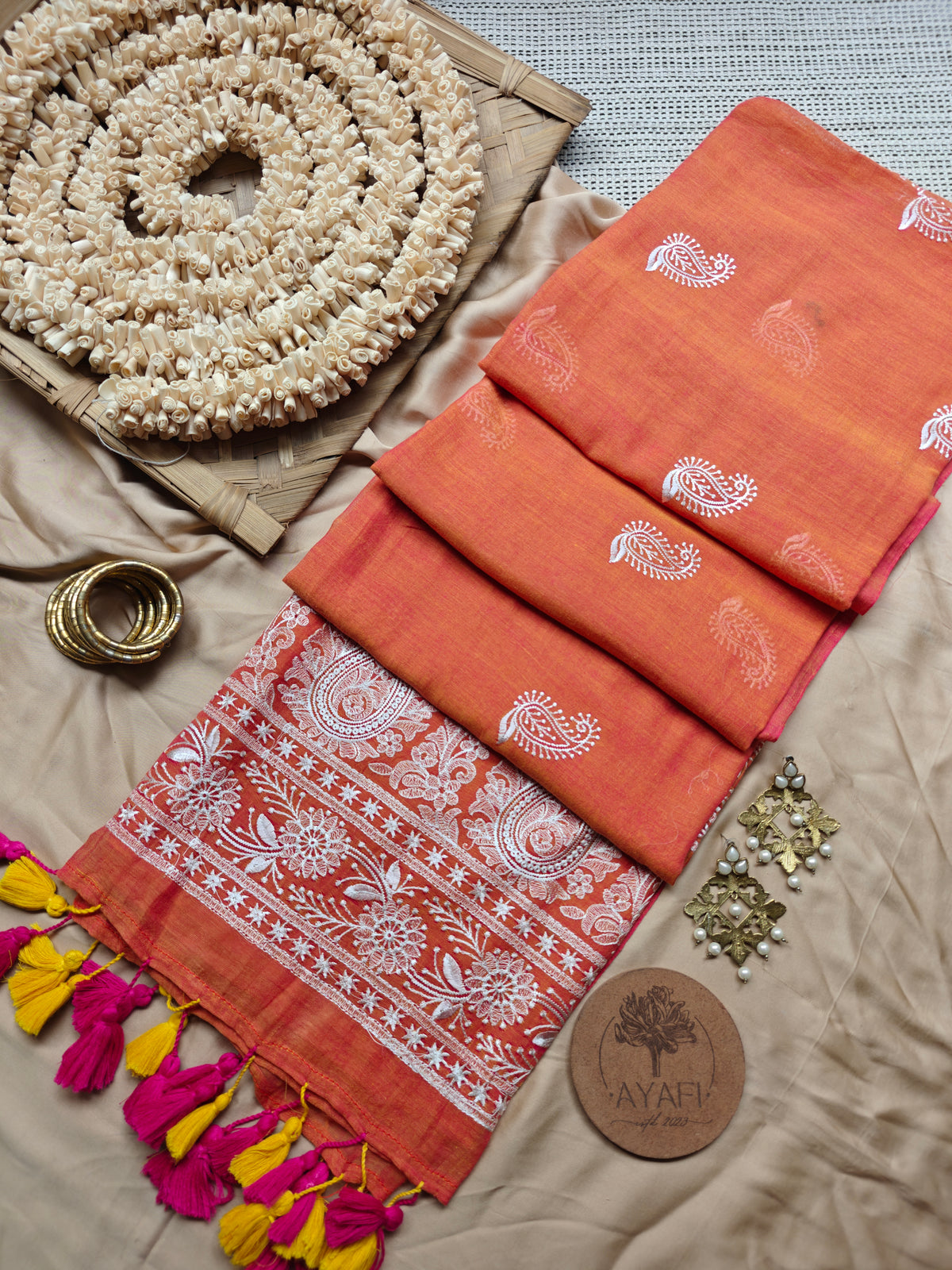 Melon Paisley Embroidery Mul Cotton Saree