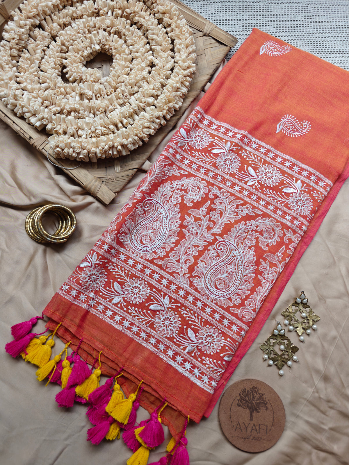 Melon Paisley Embroidery Mul Cotton Saree
