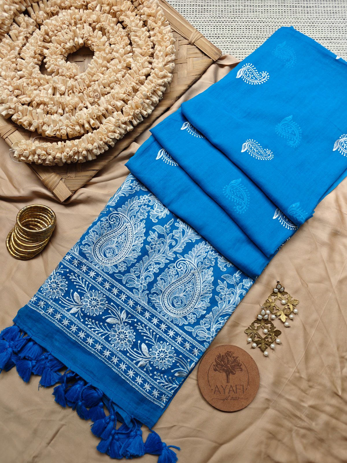 Blue Paisley Embroidery Mul Cotton Saree