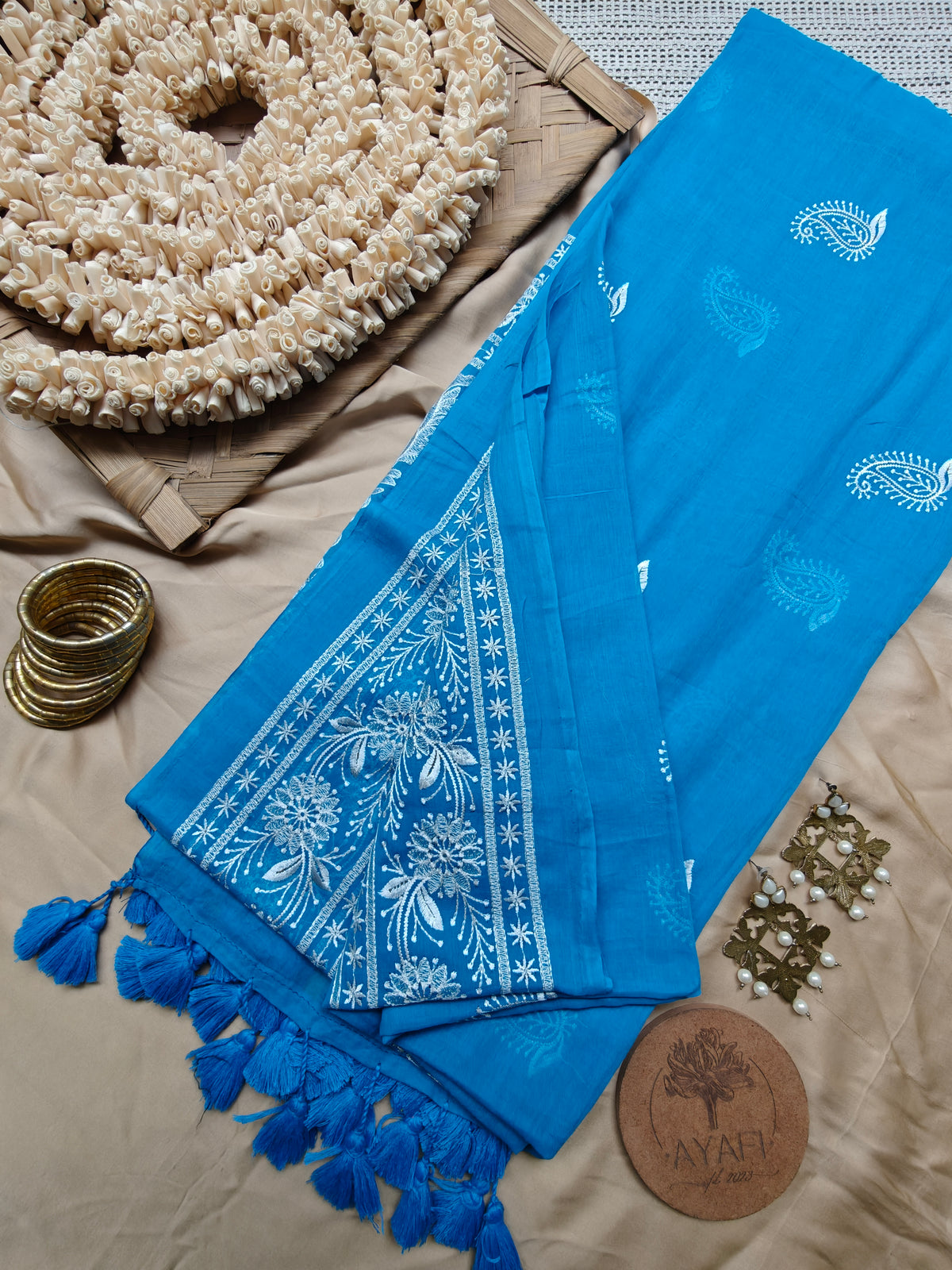 Blue Paisley Embroidery Mul Cotton Saree