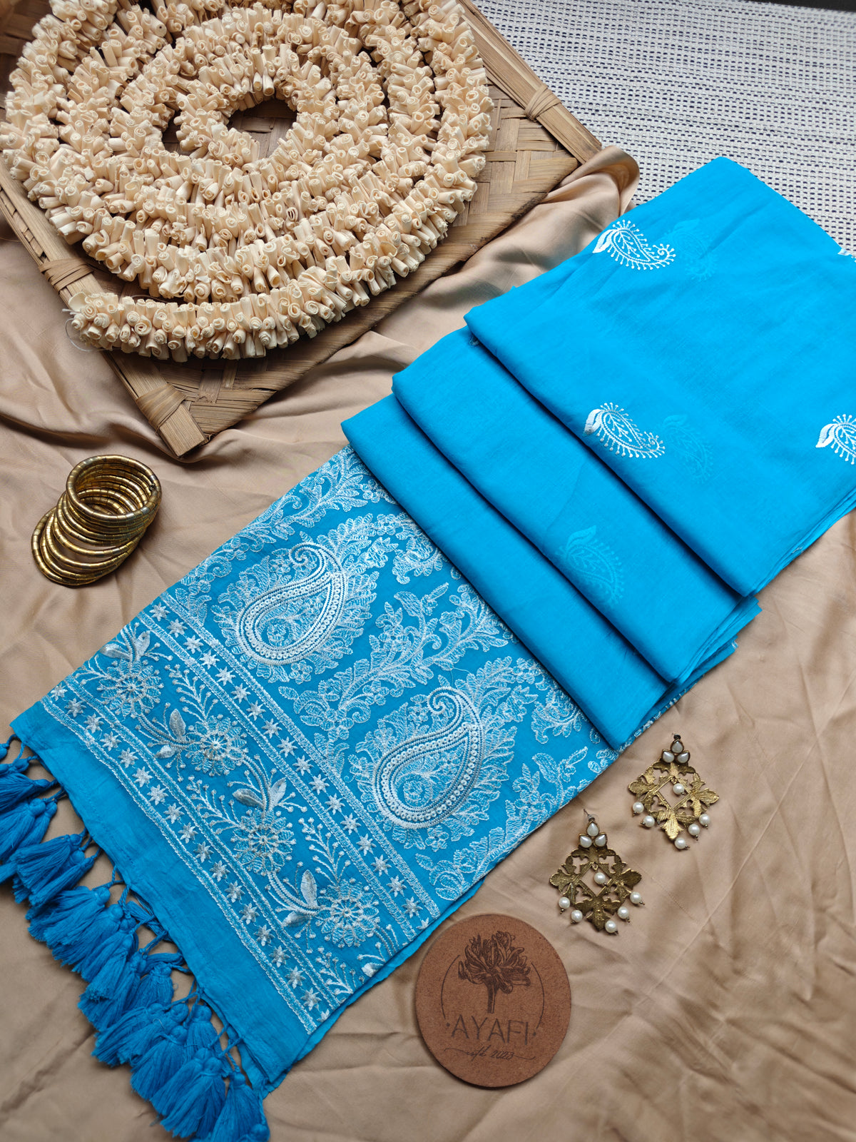 Sky Blue Paisley Embroidery Mul Cotton Saree