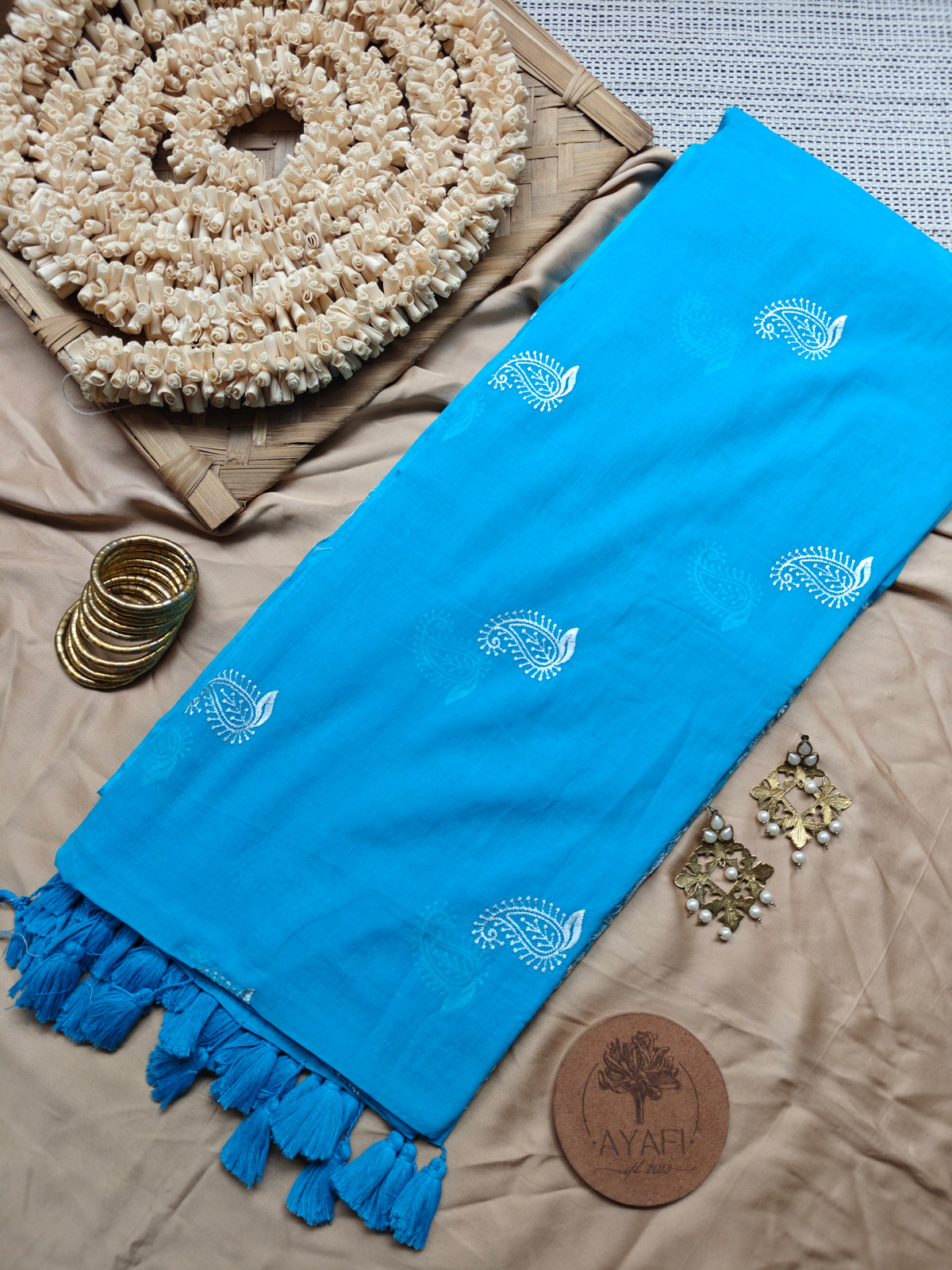 Sky Blue Paisley Embroidery Mul Cotton Saree