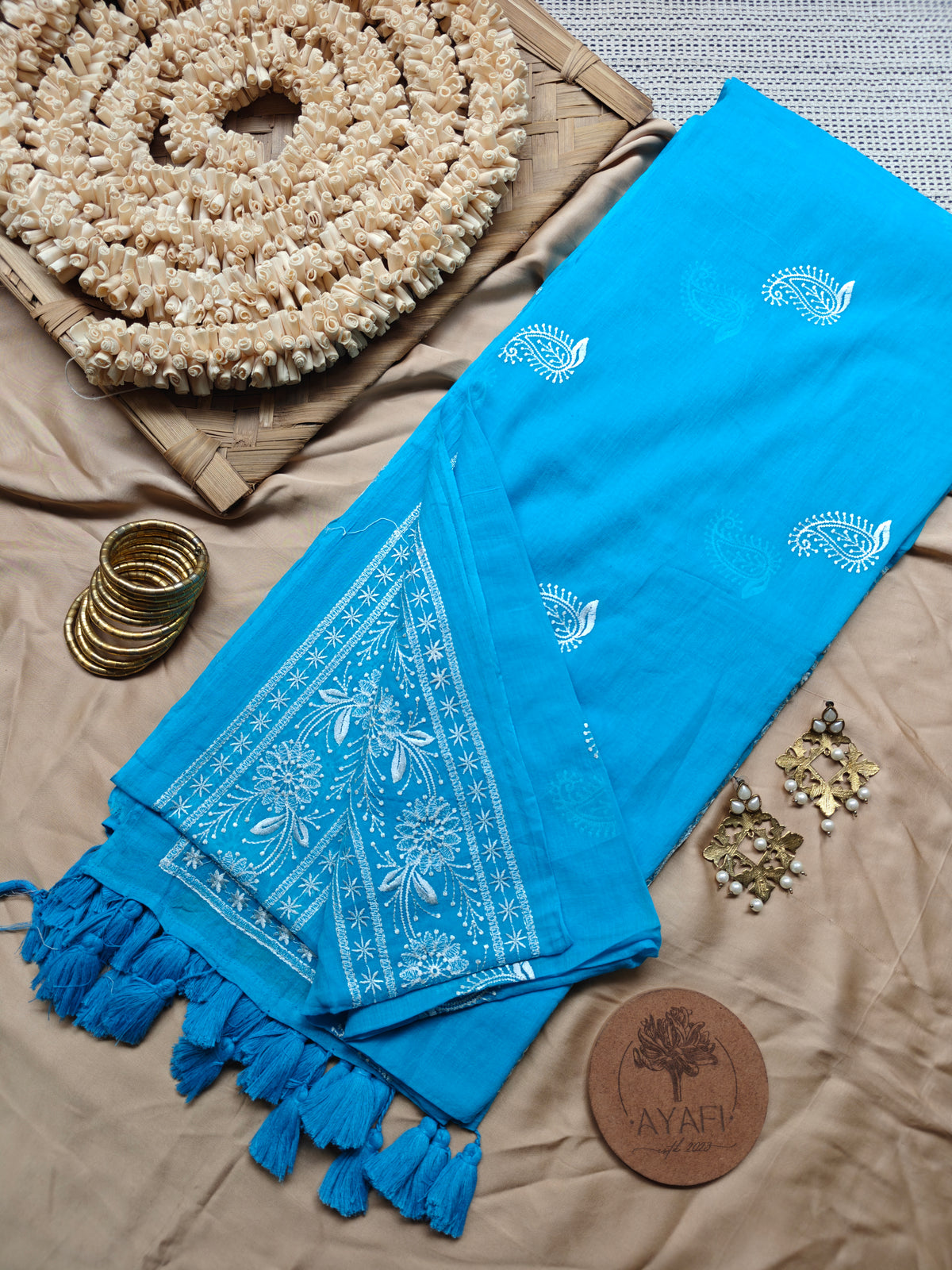 Sky Blue Paisley Embroidery Mul Cotton Saree